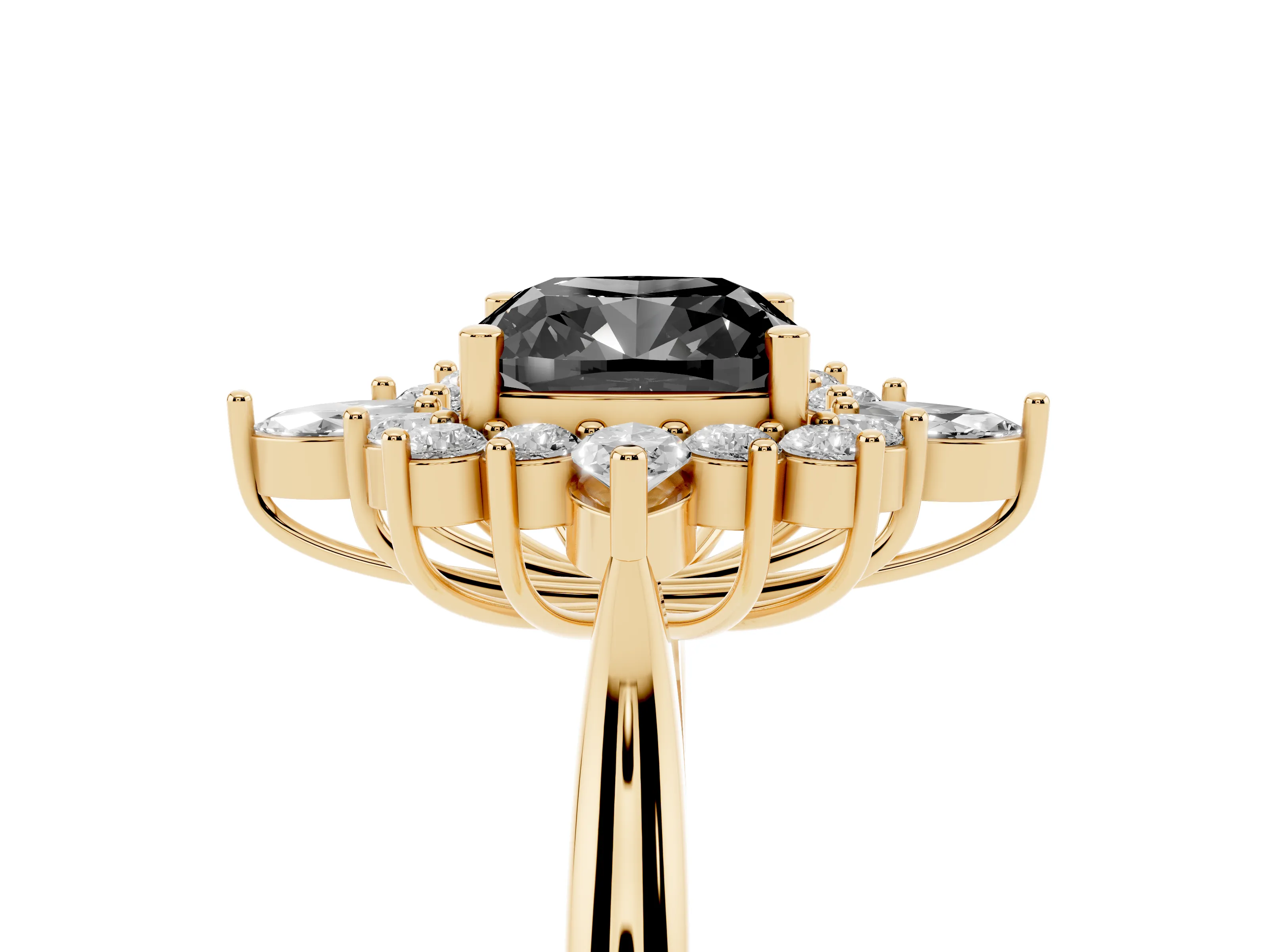 Fancy Black Cushion Cut Diamond Cluster Halo Ring Set in Yellow gold with Marquise and Round Accents