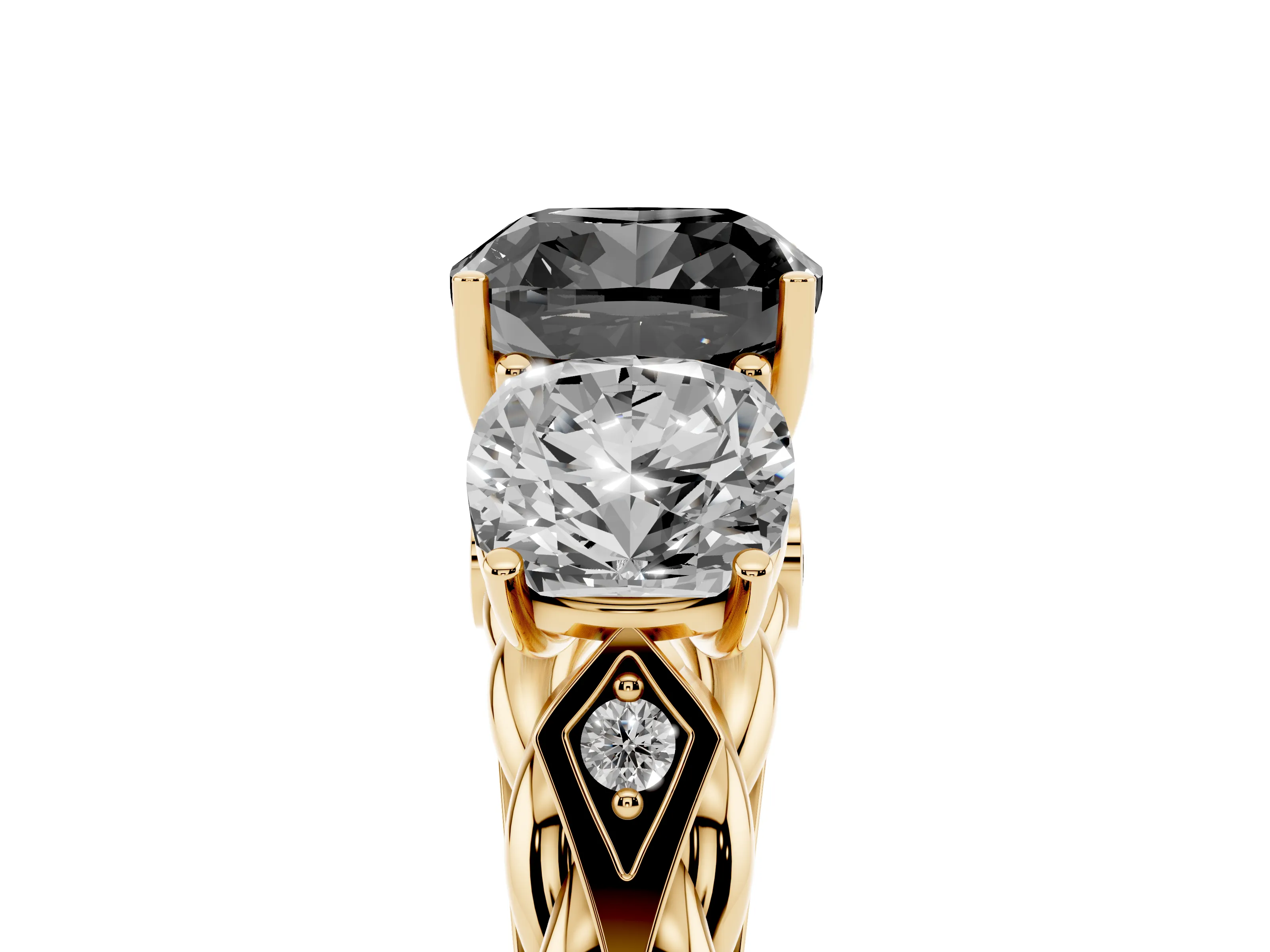 Fancy Black Cushion Cut Diamond Three-Stone Ring Set in Yellow gold with Braided Band