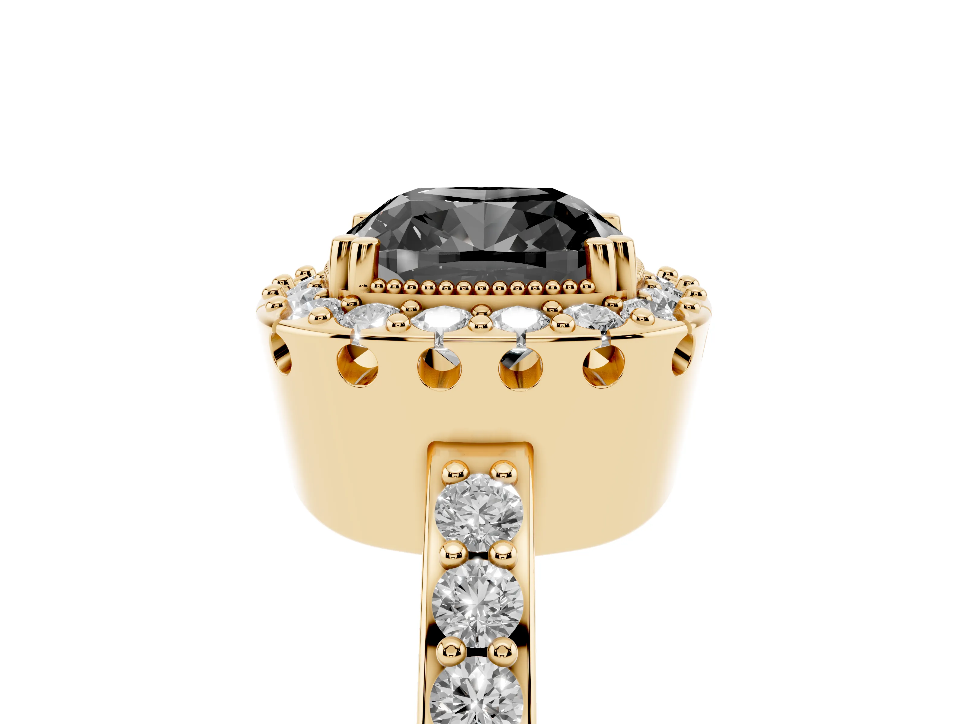 Fancy Black Cushion Cut Diamond Halo Ring Set in Yellow gold with Pavé Shank and Prong Setting