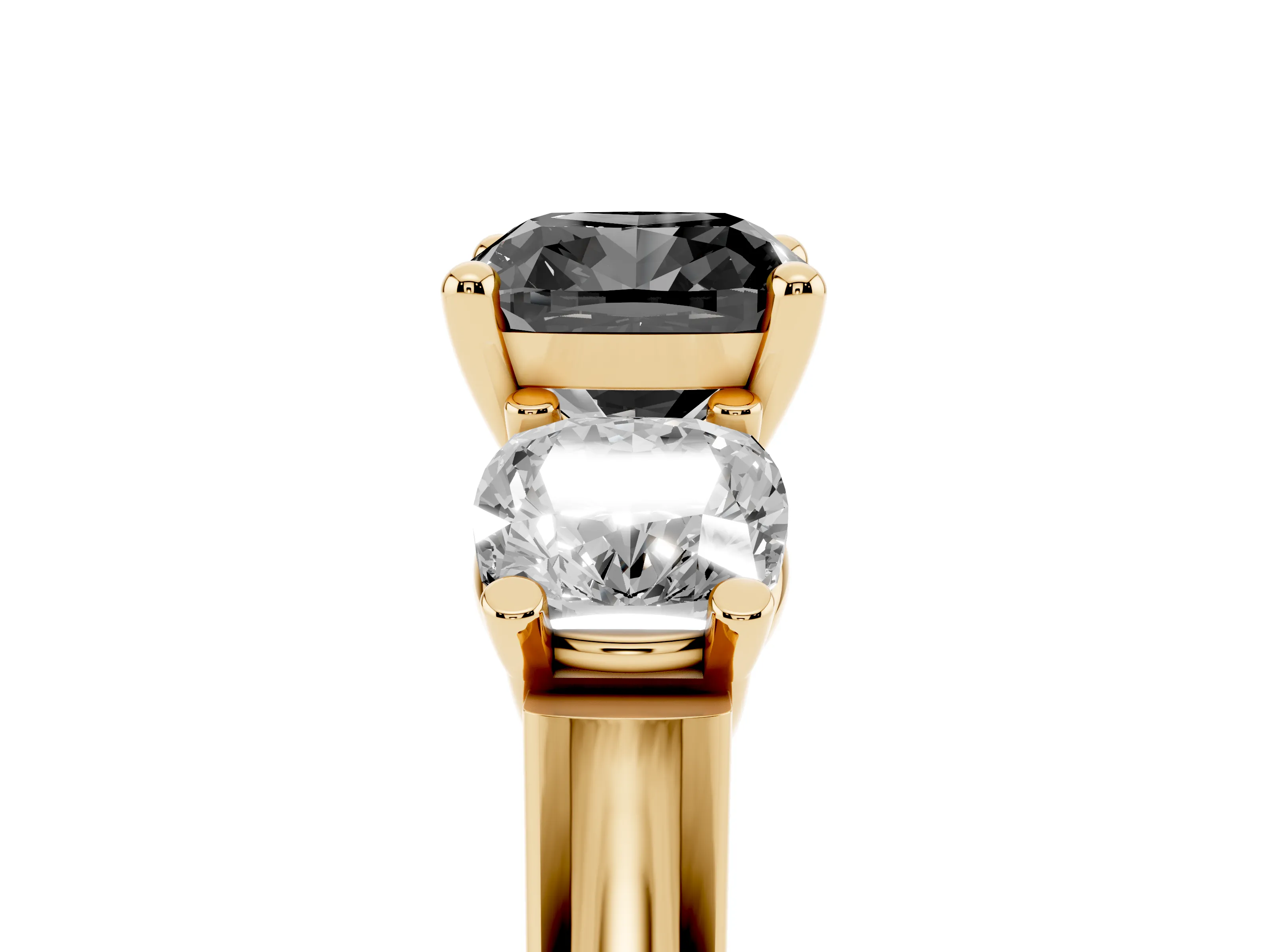 Fancy Black Cushion Cut Diamond Three-Stone Trellis Ring Set in Yellow gold with Comfort Fit Band