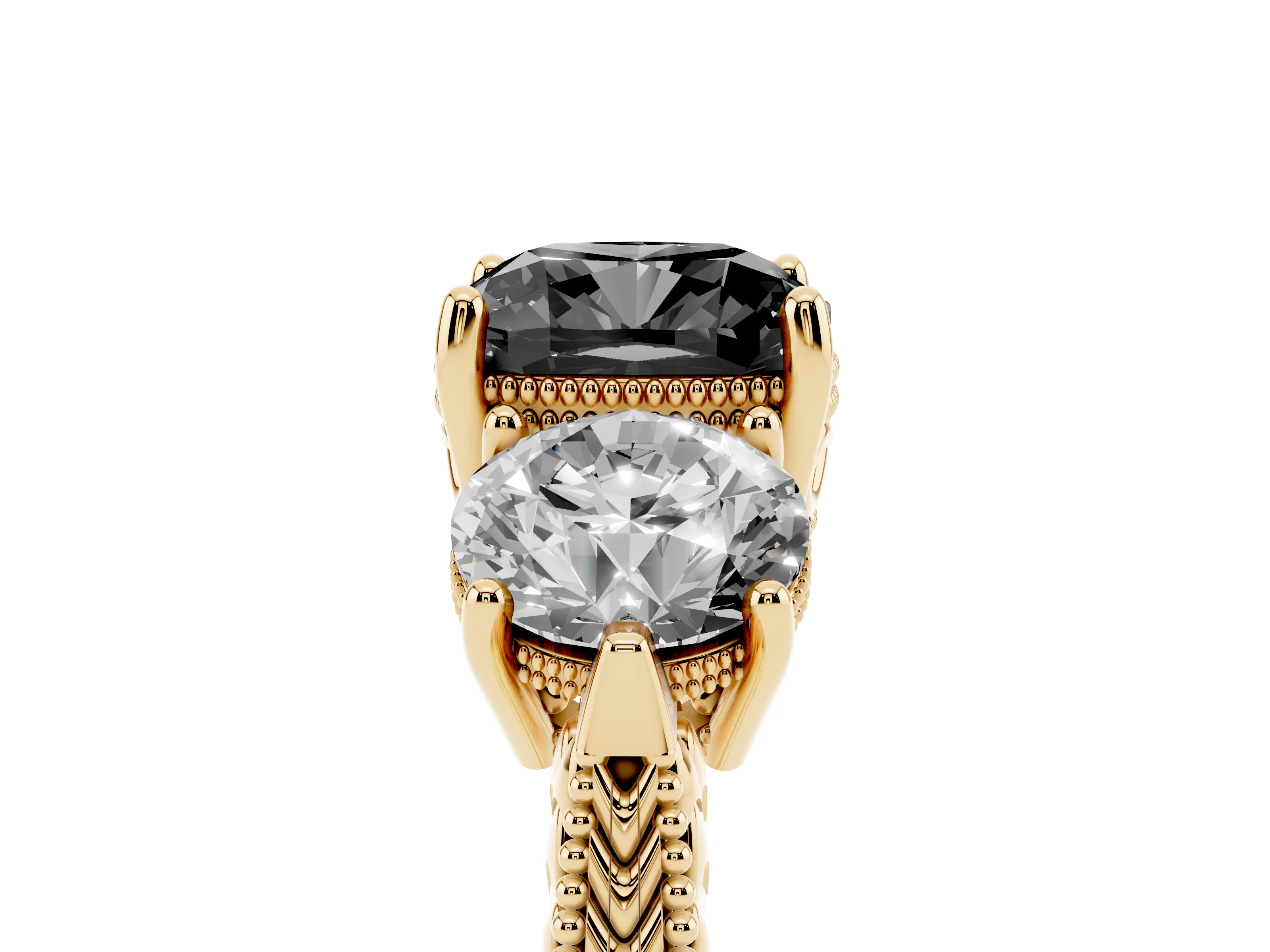 Fancy Black Cushion Cut Diamond Three-Stone Ring Set in Yellow gold with Milgrain Band