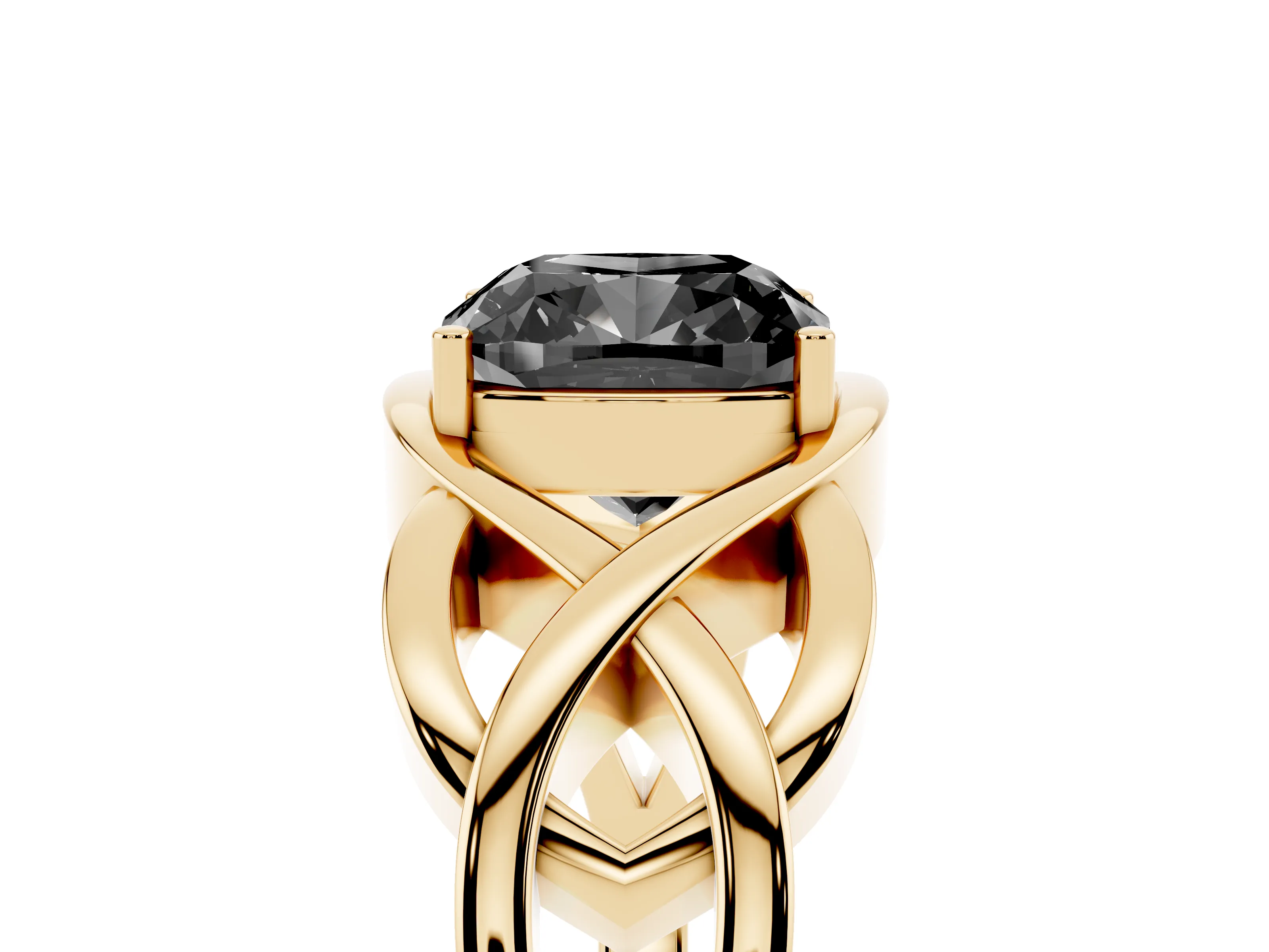 Fancy Black Cushion Cut Diamond Solitaire Ring Set in Yellow gold with Intertwined Band