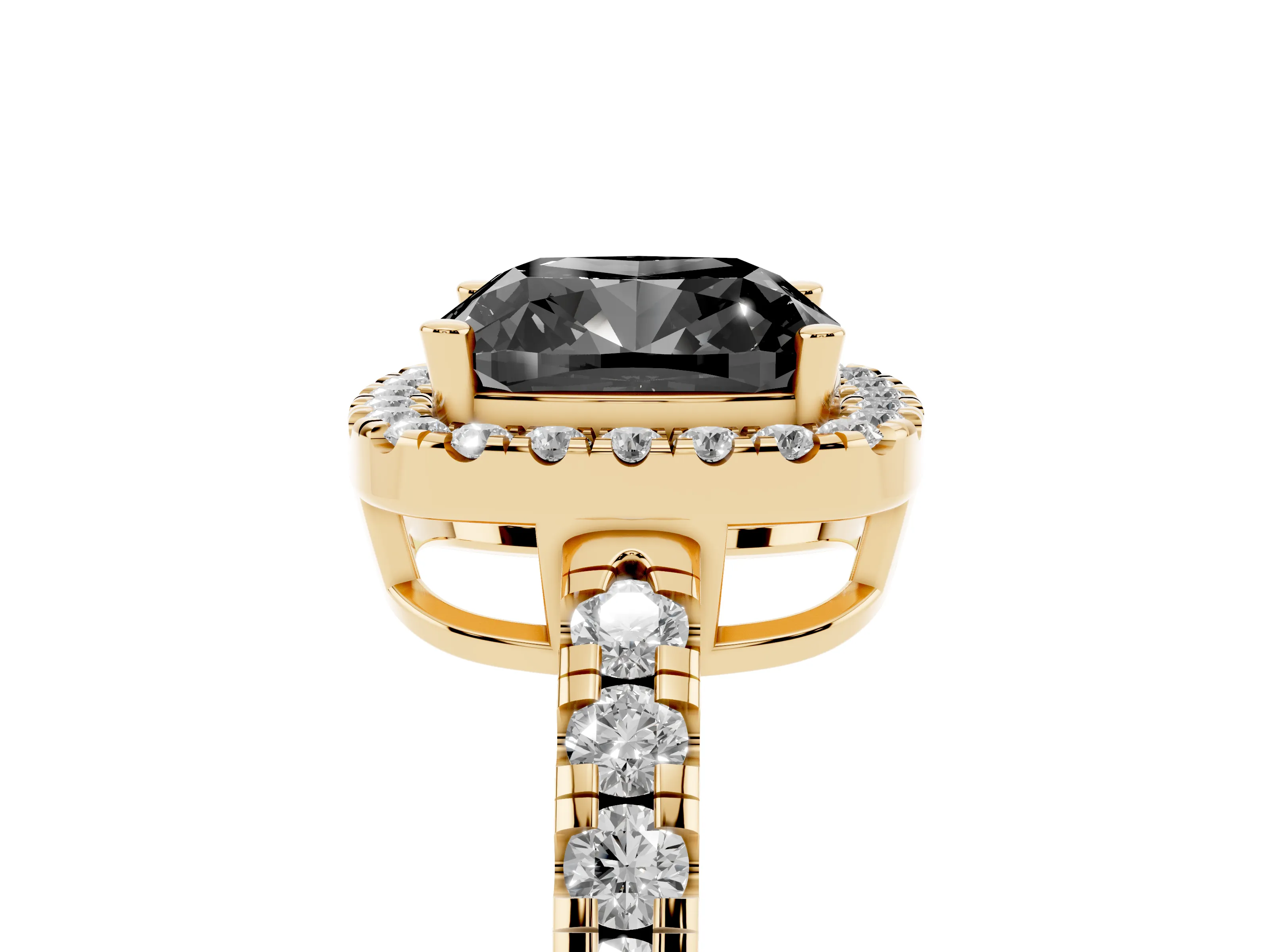Fancy Black Cushion Cut Diamond Halo Ring Set in Yellow gold with Delicate Pavé Band and Prong Setting