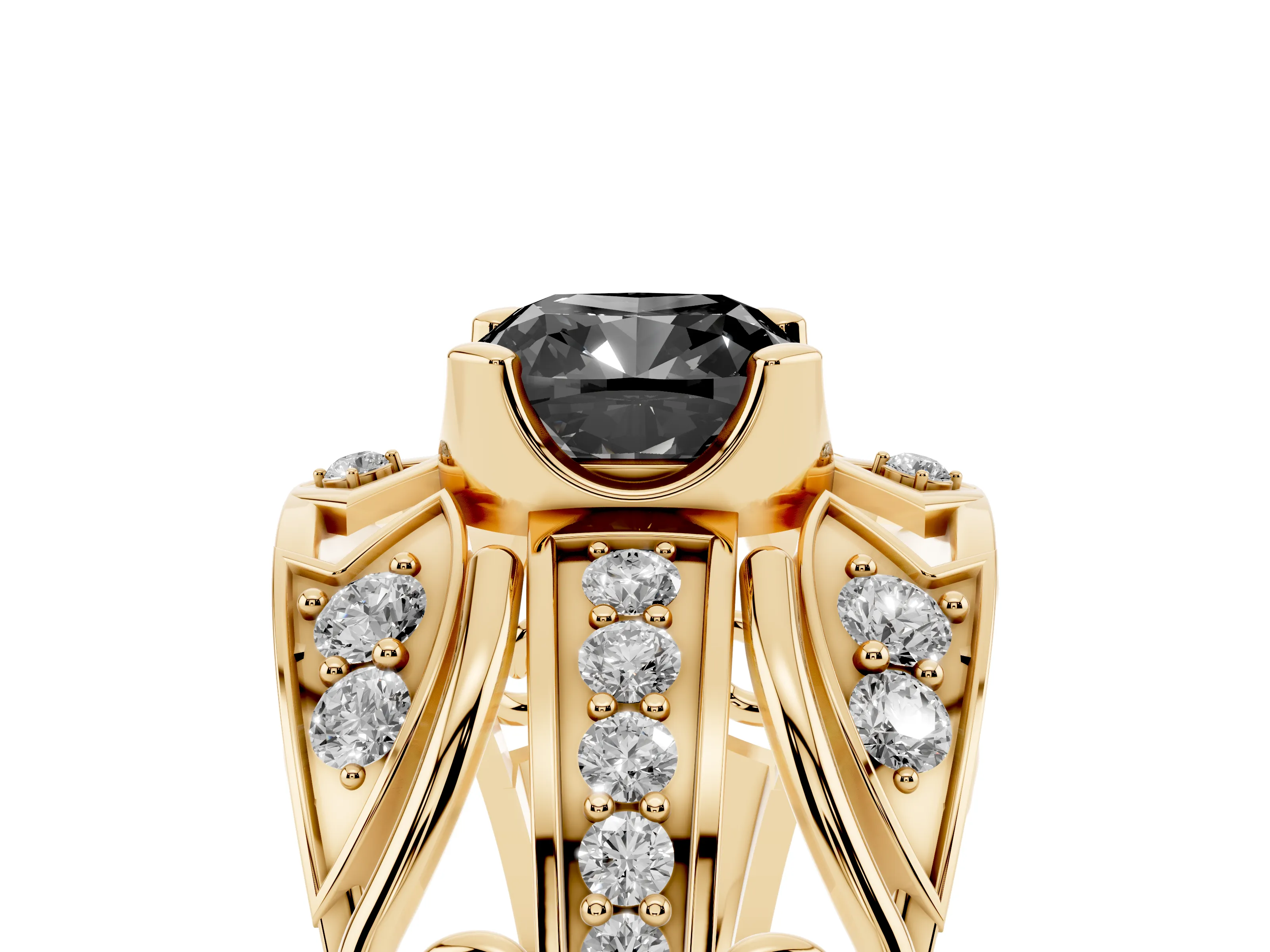 Fancy Black Cushion Cut Diamond Art Deco Ring Set in Yellow gold with Pavé Split Shank