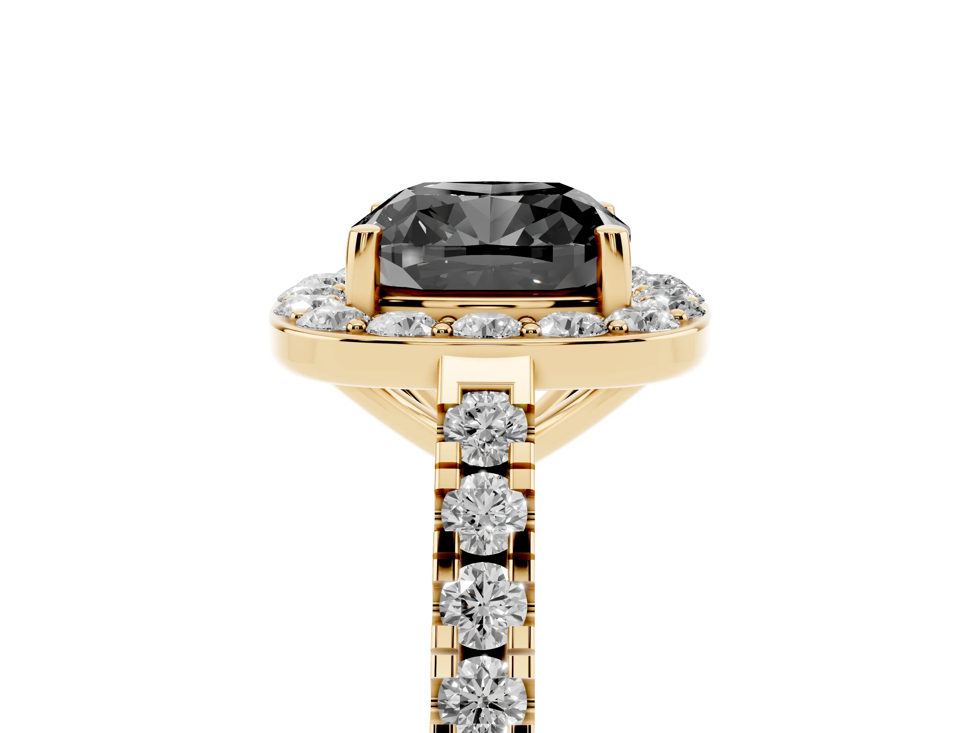 Fancy Black Cushion Cut Diamond Halo Ring Set in Yellow gold with Round Pavé Split Shank and Prong Setting