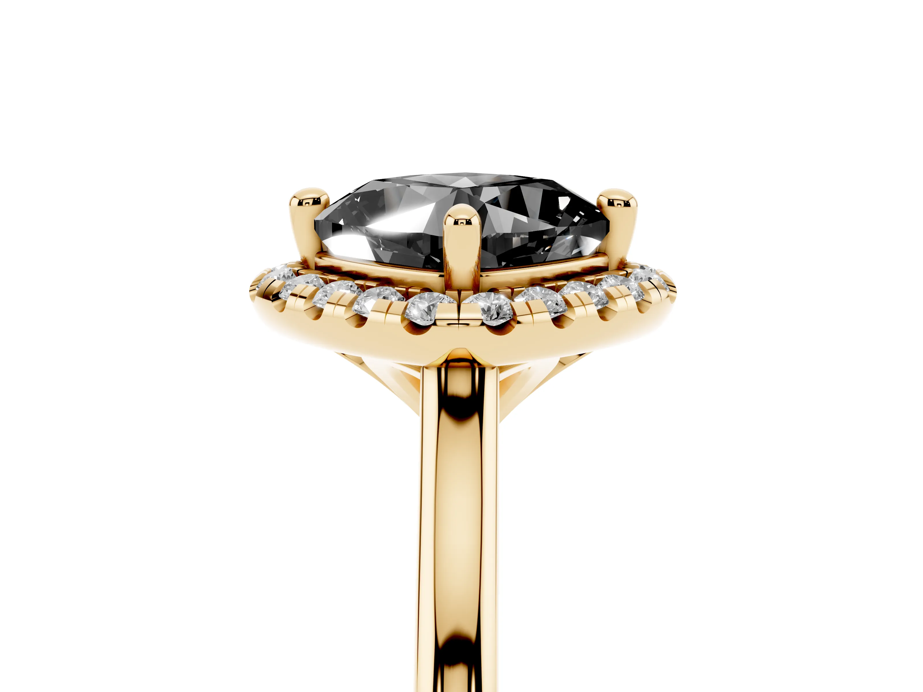 Fancy Black Cushion Cut Diamond Halo Engagement Ring Set in Yellow gold with Pavé Band and Rising Shoulders