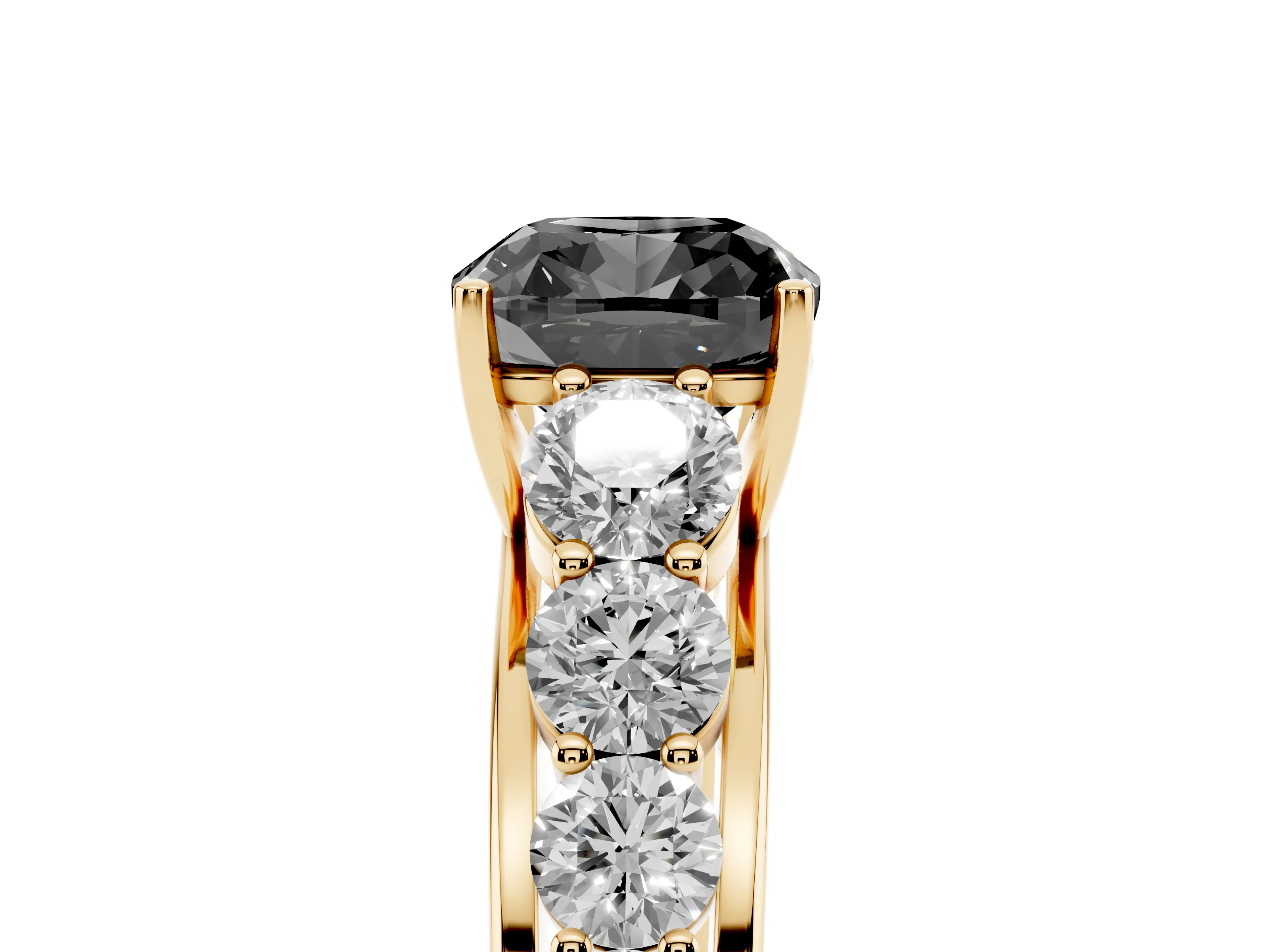 Fancy Black Cushion Cut Diamond Solitaire Ring Set in Yellow gold with Pavé-Set Band and Prong Setting