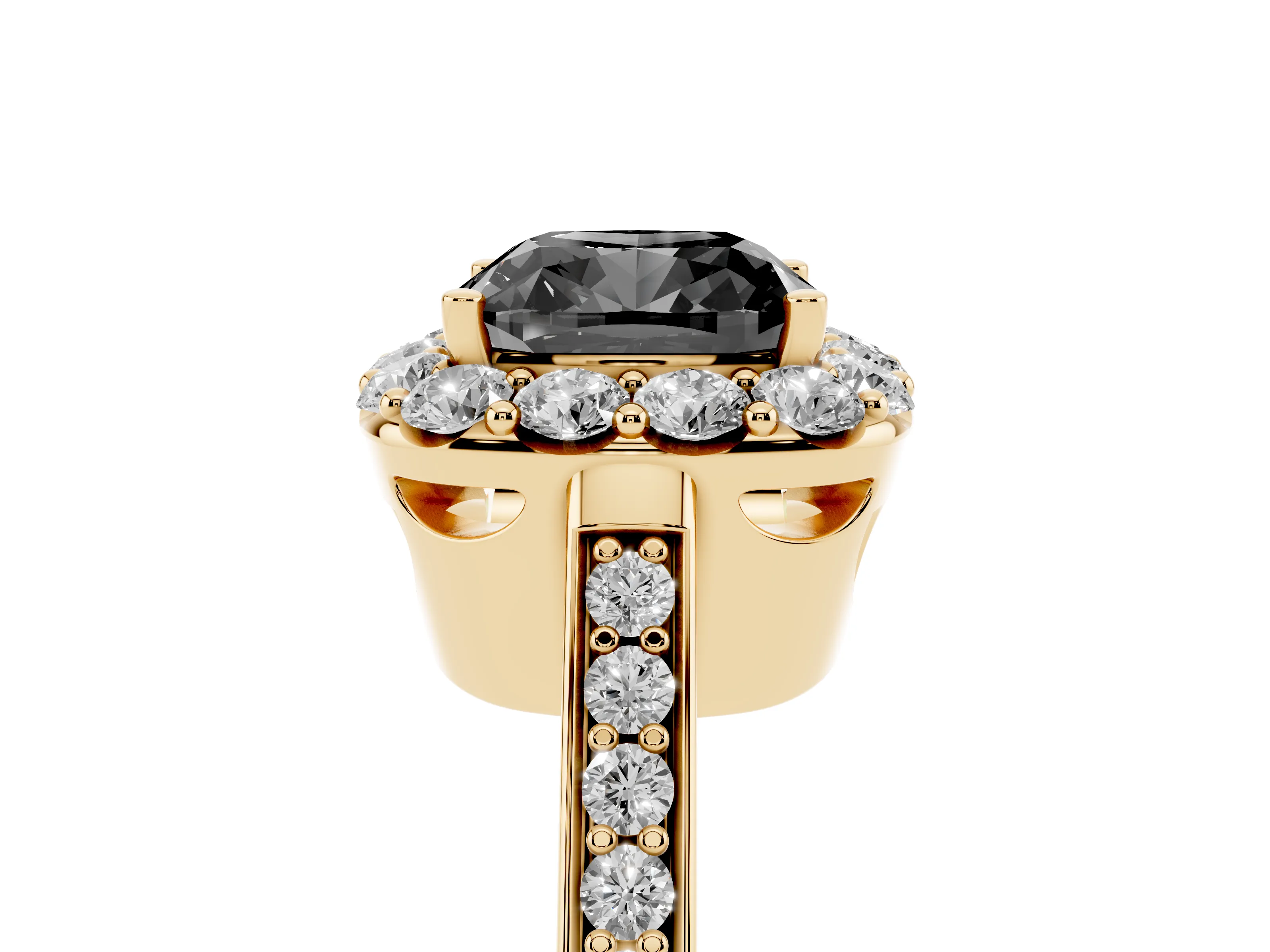 Fancy Black Cushion Cut Diamond Floral Halo Ring Set in Yellow gold with Pavé Band and Prong Setting