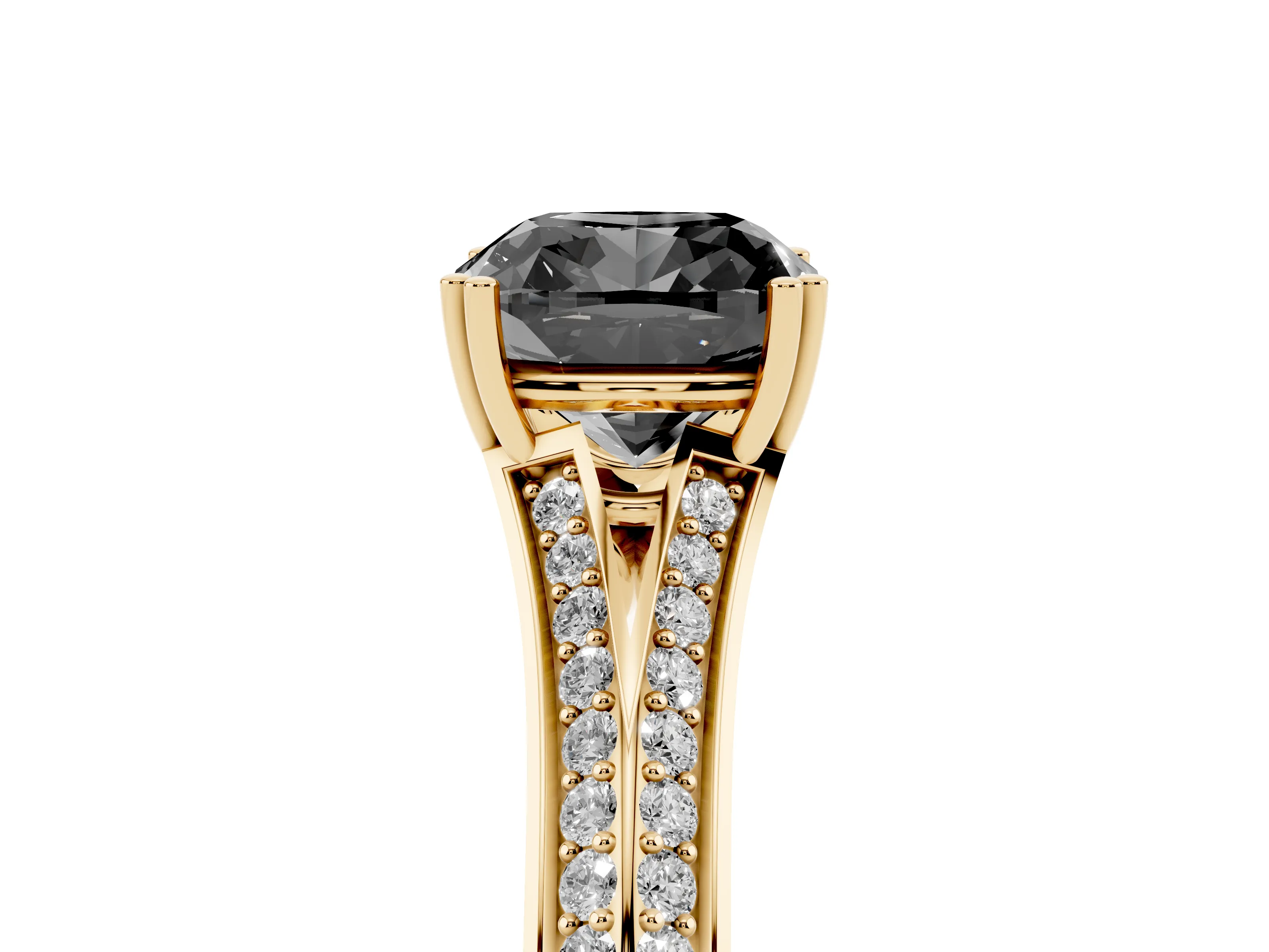 Fancy Black Cushion Cut Diamond Split Shank Pavé Engagement Ring Set in Yellow gold with Prong-Set Center Stone