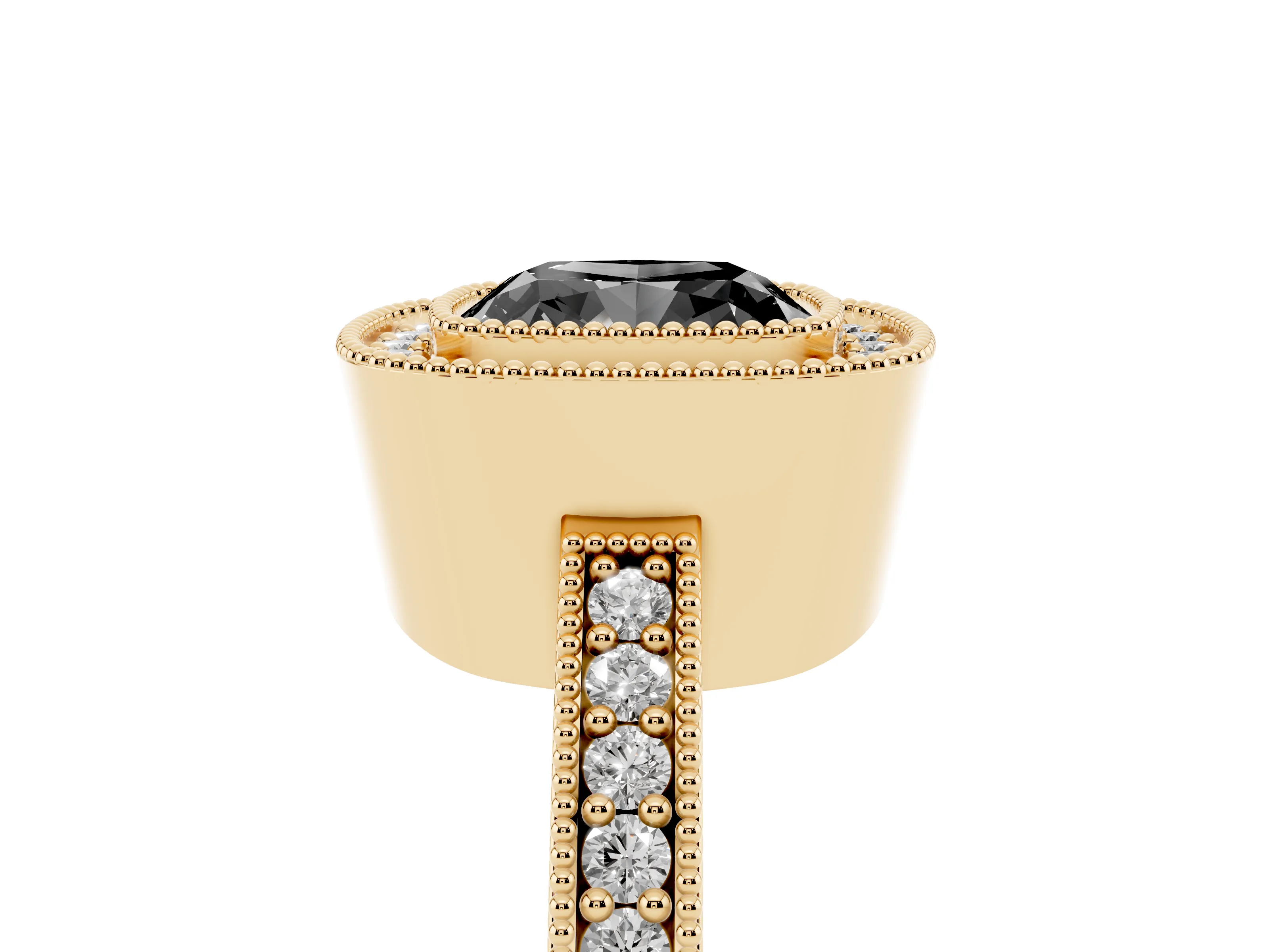 Fancy Black Cushion Cut Diamond Halo Engagement Ring Set in Yellow gold with Pavé Band and Round Halo Stones