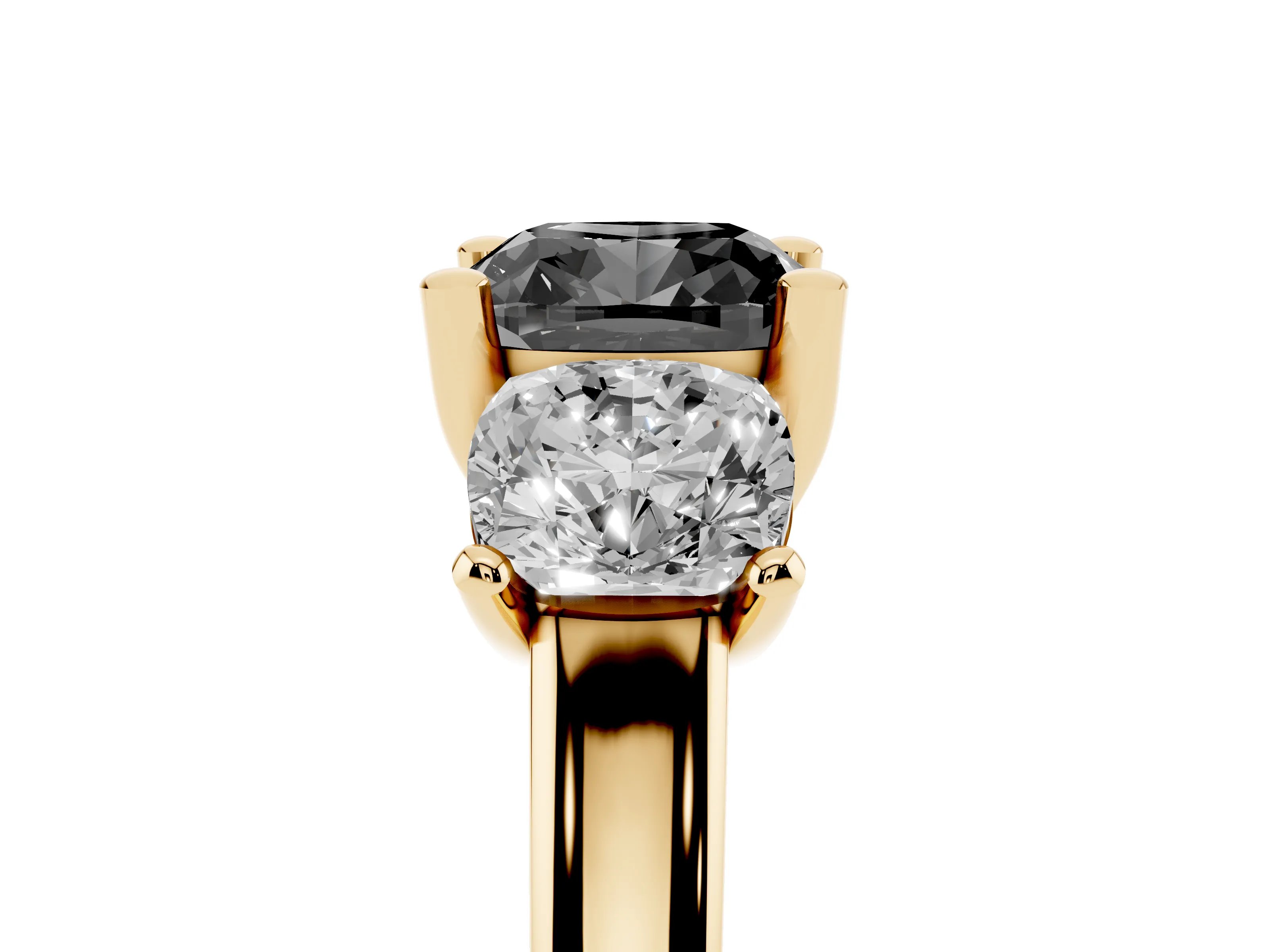 Fancy Black Cushion Cut Diamond Three-Stone Ring Set in Yellow gold with Classic Prong Setting and Plain Band