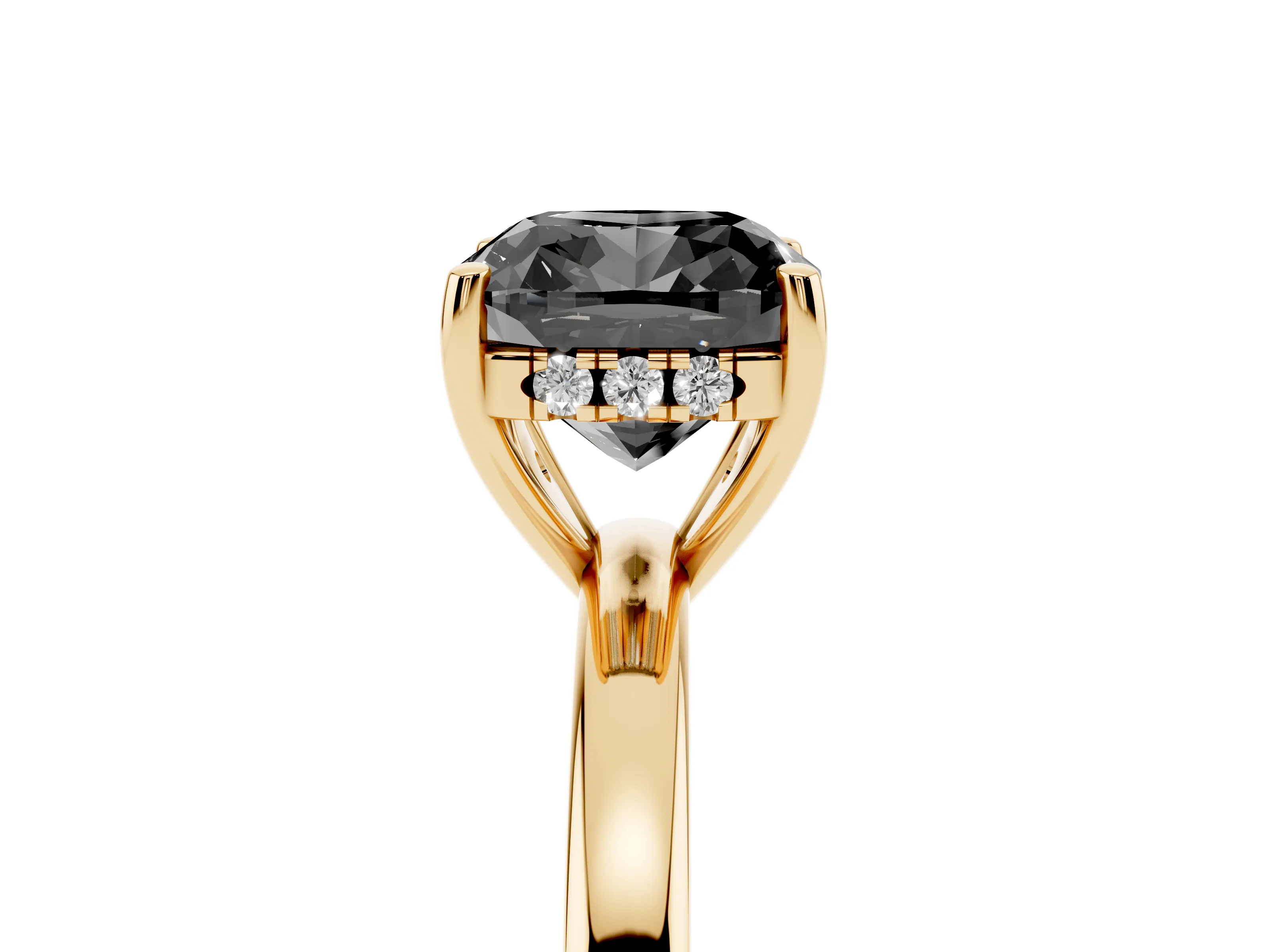 Fancy Black Cushion Cut Diamond Solitaire Ring Set in Yellow gold with Plain Band and Prong Setting