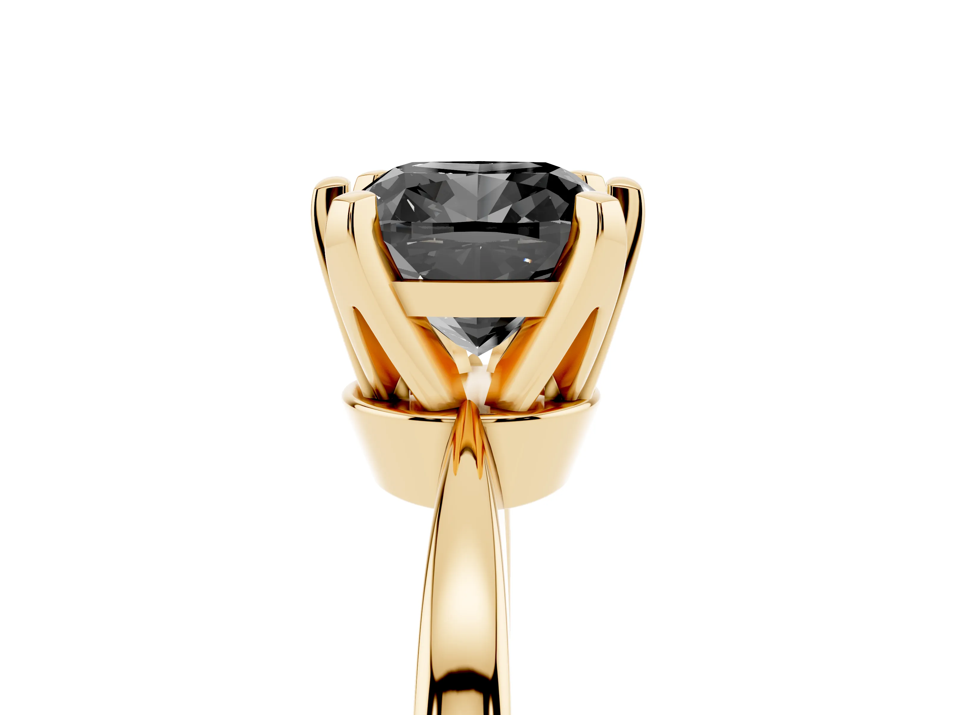 Fancy Black Cushion Cut Diamond Solitaire Engagement Ring Set in Yellow gold with Slim Tapered Solitaire Band
