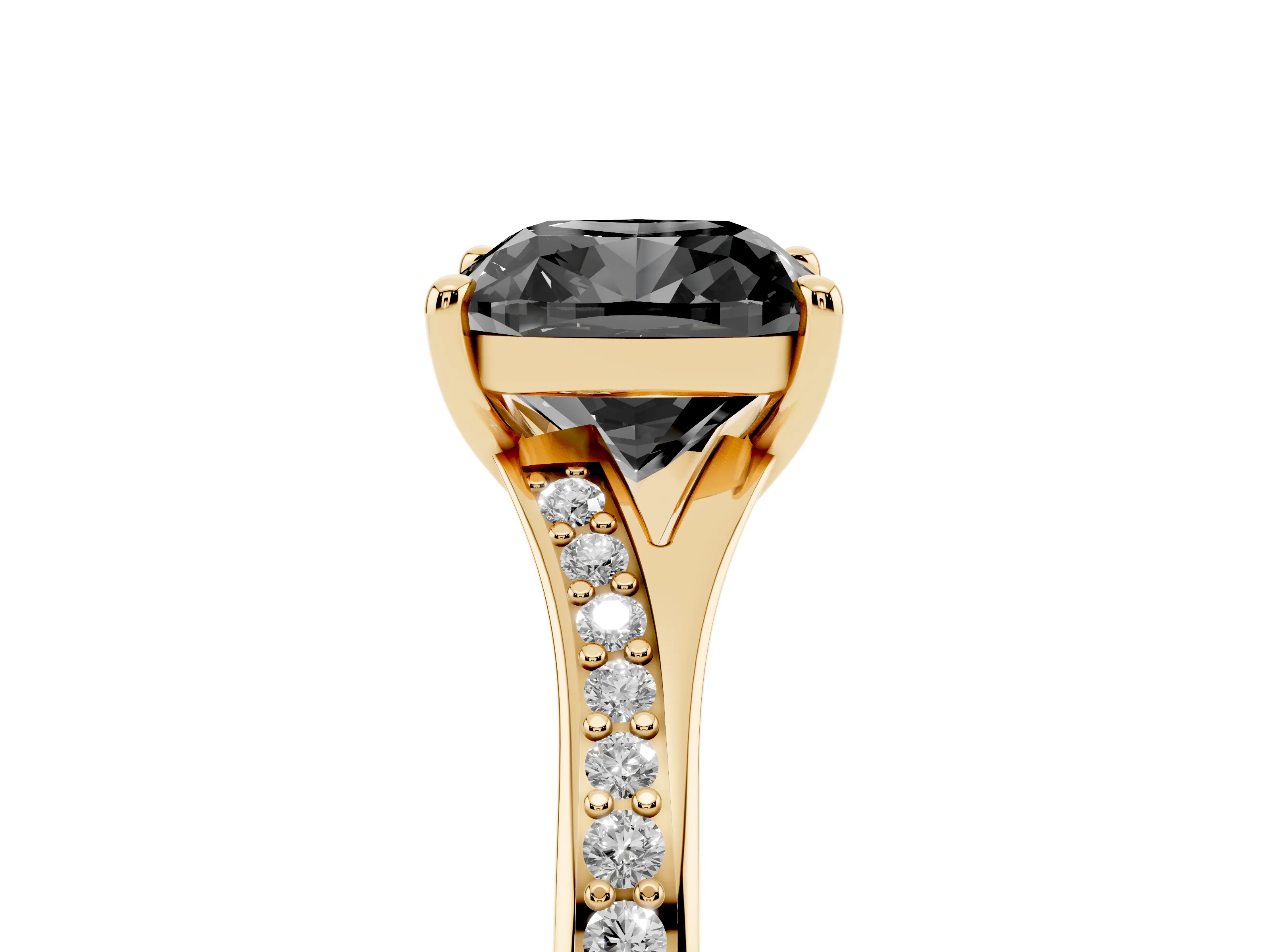 Fancy Black Cushion Cut Diamond Solitaire Ring Set in Yellow gold with Pavé Accent Band and Classic Prong Setting