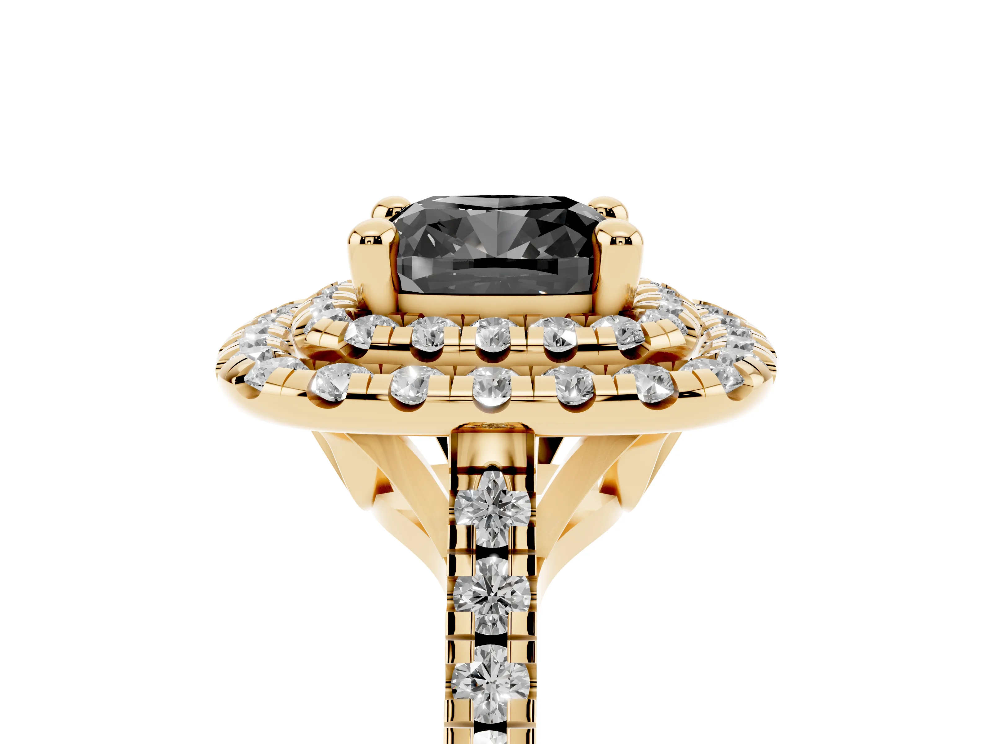 Fancy Black Cushion Cut Diamond Double Halo Statement Ring Set in Yellow gold with Pavé Band