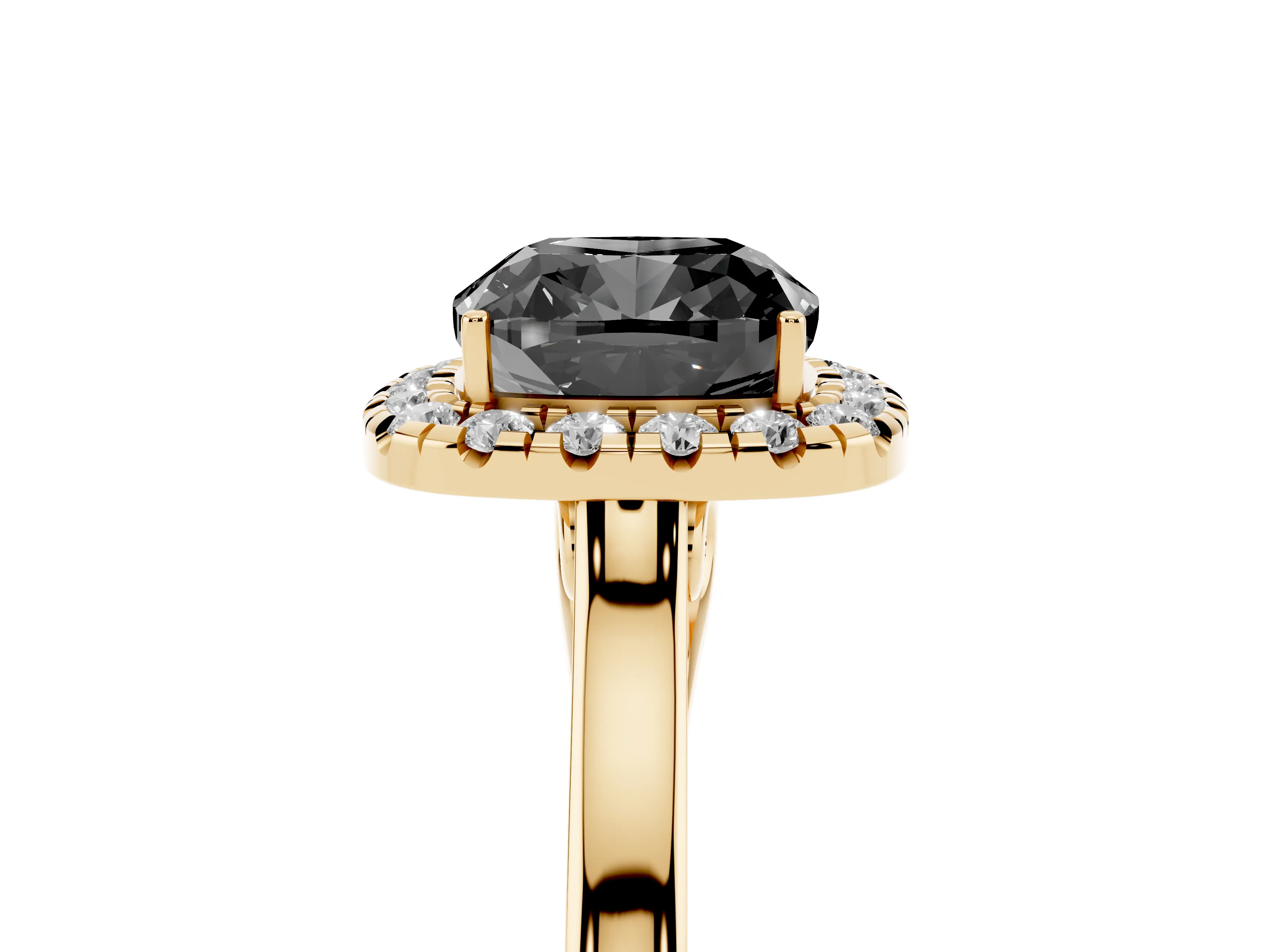 Fancy Black Cushion Cut Halo Round Diamond Solitaire Ring Set in Yellow gold with Pavé Band and Prong Setting