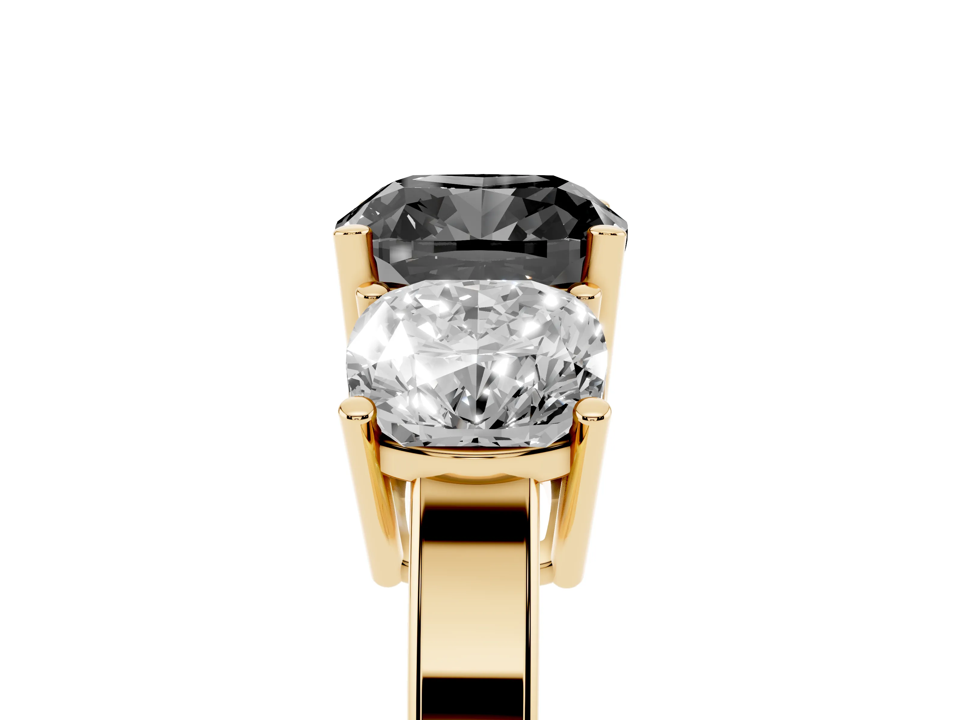 Fancy Black Cushion Cut Diamond Three-Stone Engagement Ring Set in Yellow gold with Flat Band