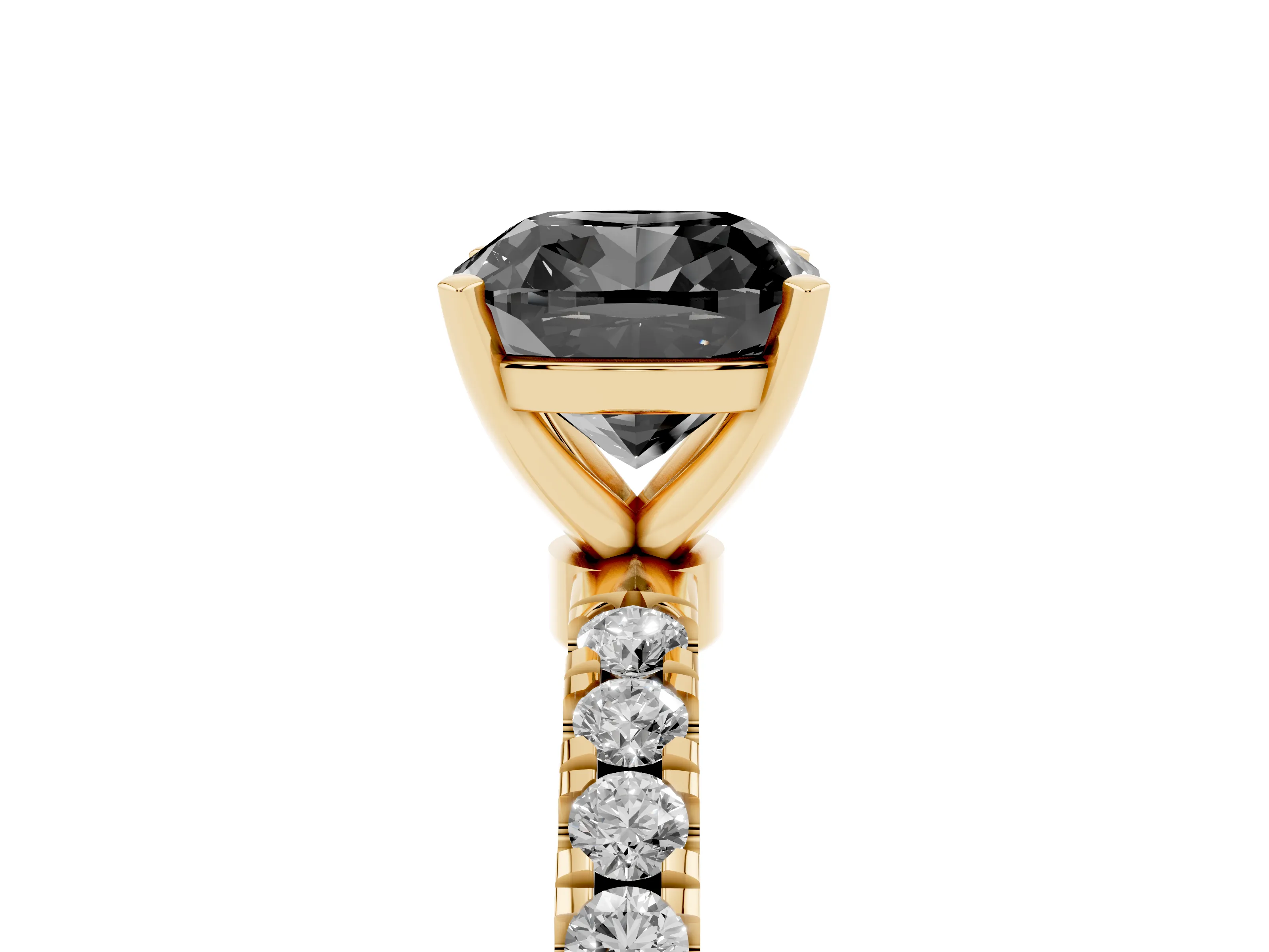 Fancy Black Cushion Cut Diamond Solitaire Ring Set in Yellow gold with Pavé Accents and Prong Setting