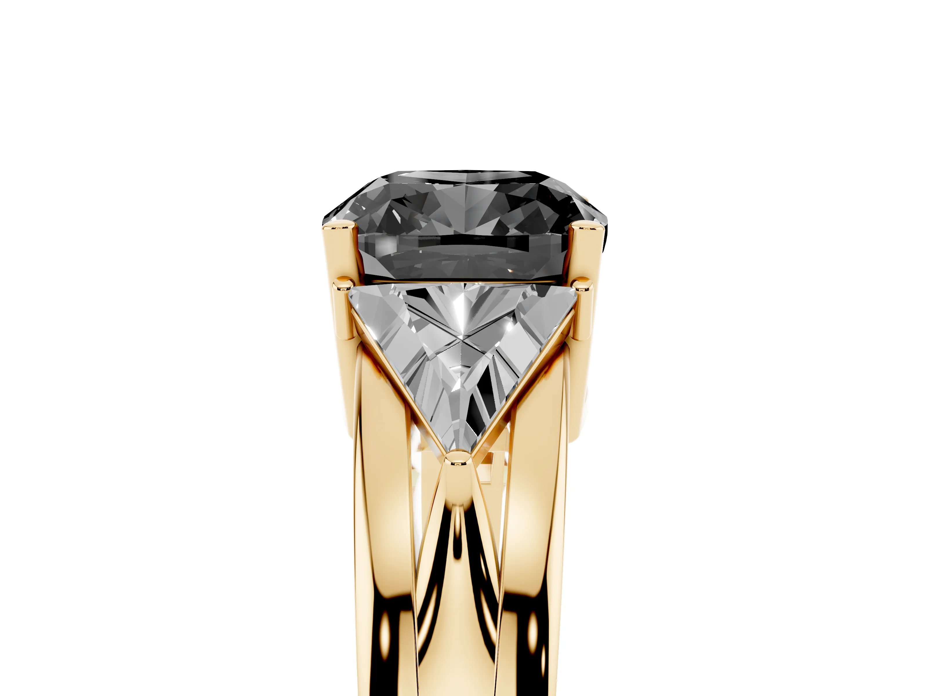 Fancy Black Cushion Cut Diamond Three-Stone Ring Set in Yellow gold with Trillion Side Stones and Split Shank