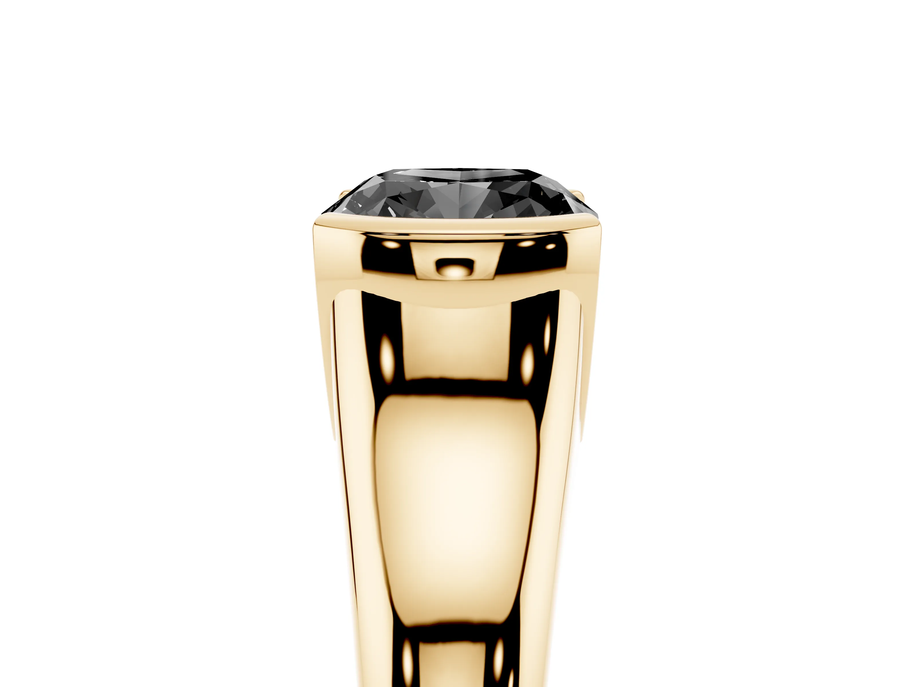 Fancy Black Cushion Cut Diamond Solitaire Tension Set Ring Set in Yellow gold with Split Shank Band