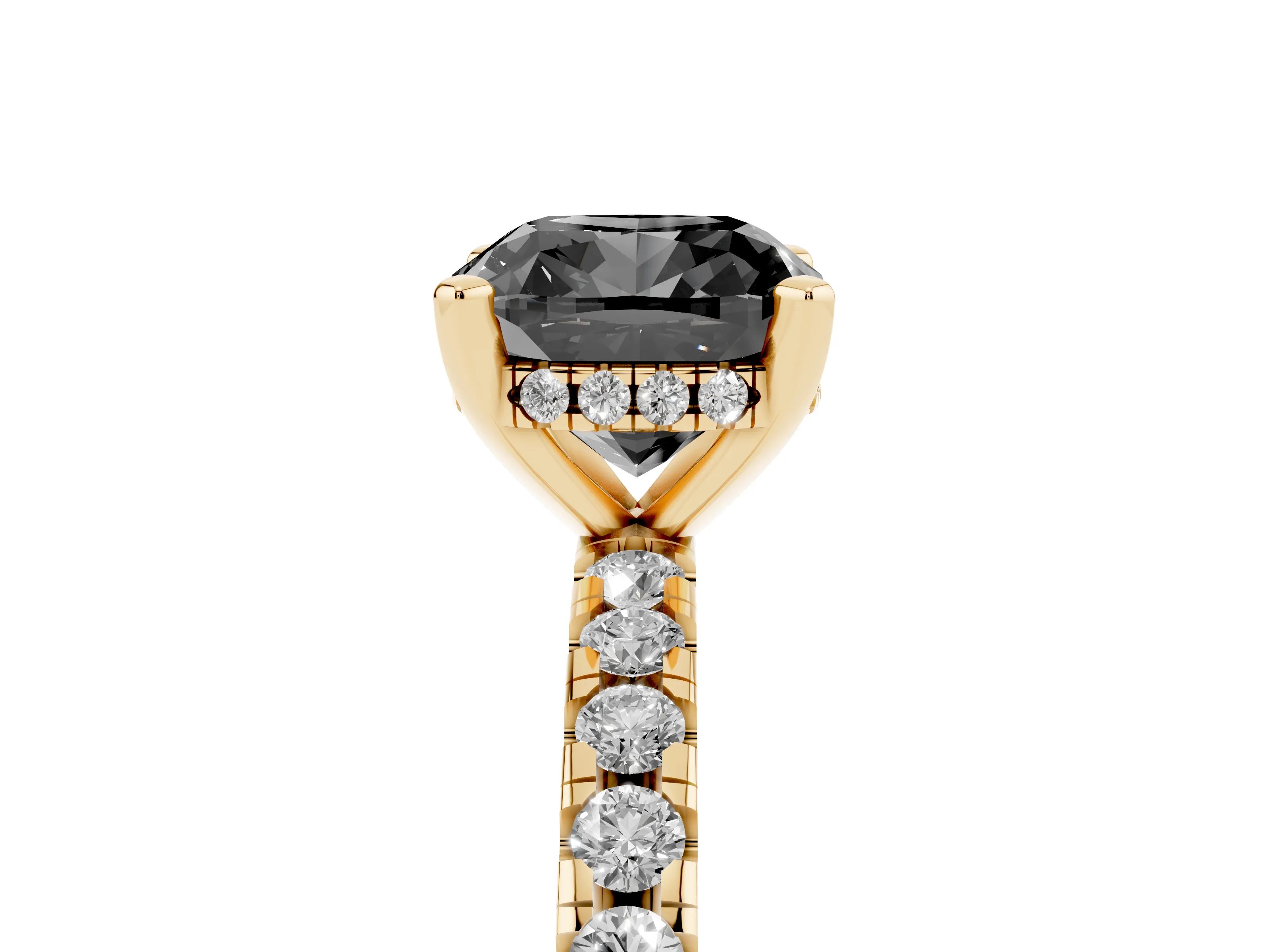 Fancy Black Cushion Cut Diamond Pavé Solitaire Ring Set in Yellow gold with Round Band Accents and Prong Setting