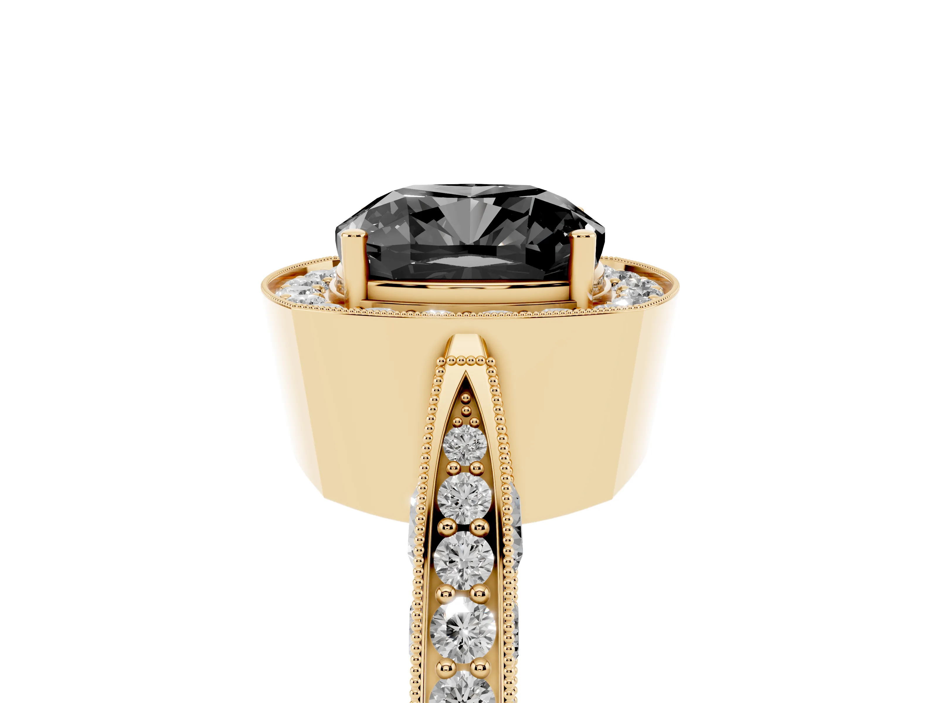 Fancy Black Cushion Cut Diamond Halo Engagement Ring Set in Yellow gold with Accent Split Shank Band
