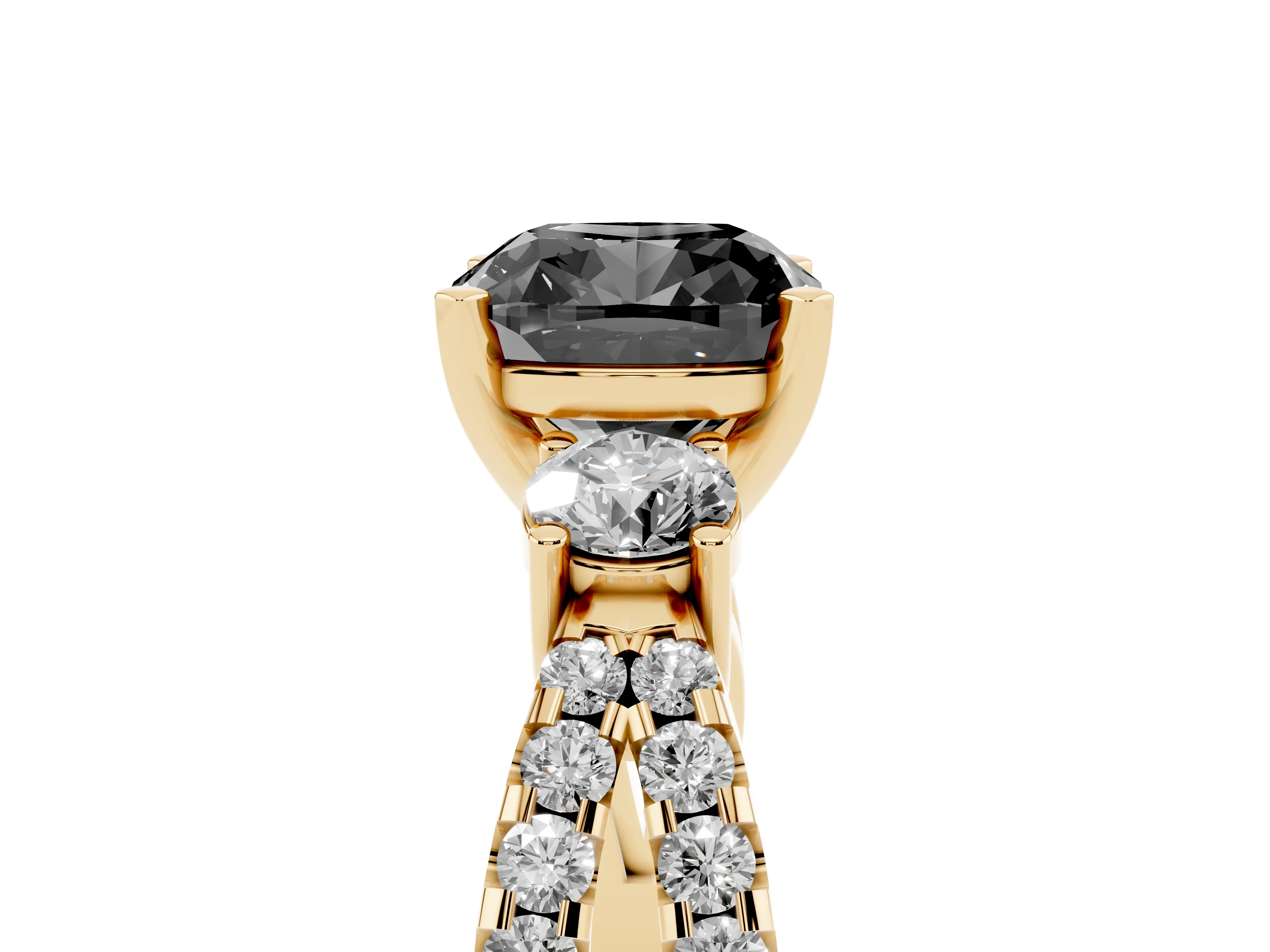 Fancy Black Cushion Cut Diamond Three-Stone Ring Set in Yellow gold with Pavé Split Shank and Prong Setting