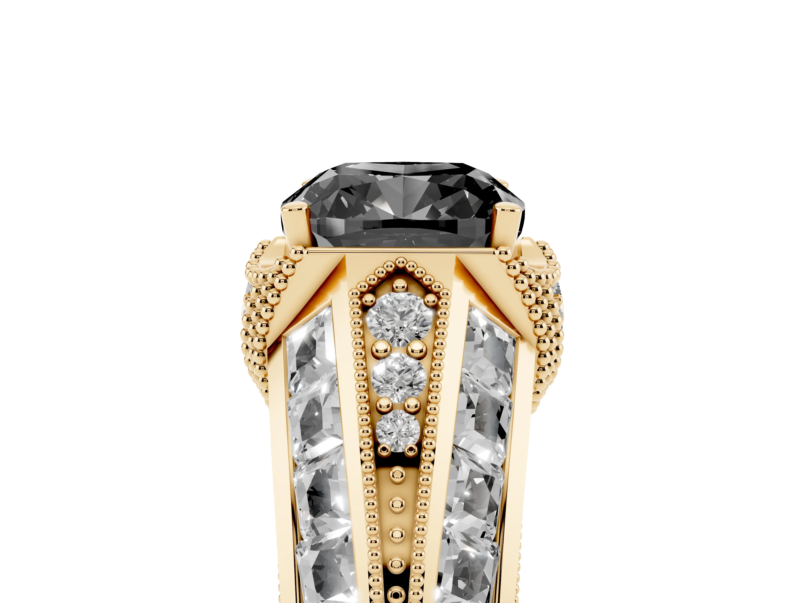 Fancy Black Cushion Cut Diamond Vintage-Inspired Milgrain Ring Set in Yellow gold with Accent Split Shank