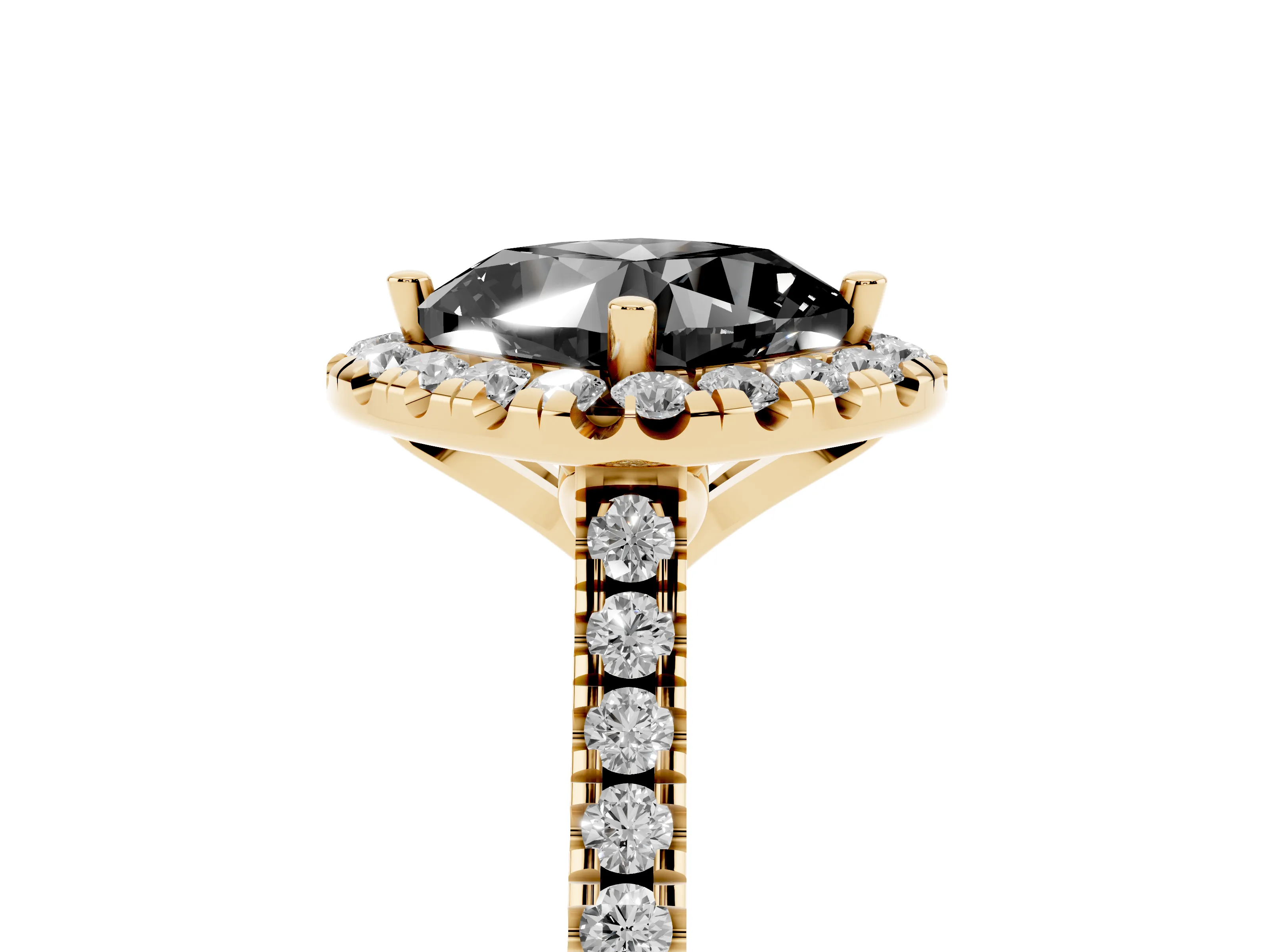 Fancy Black Cushion Cut Diamond Cushion Halo Ring Set in Yellow gold with Pavé Band