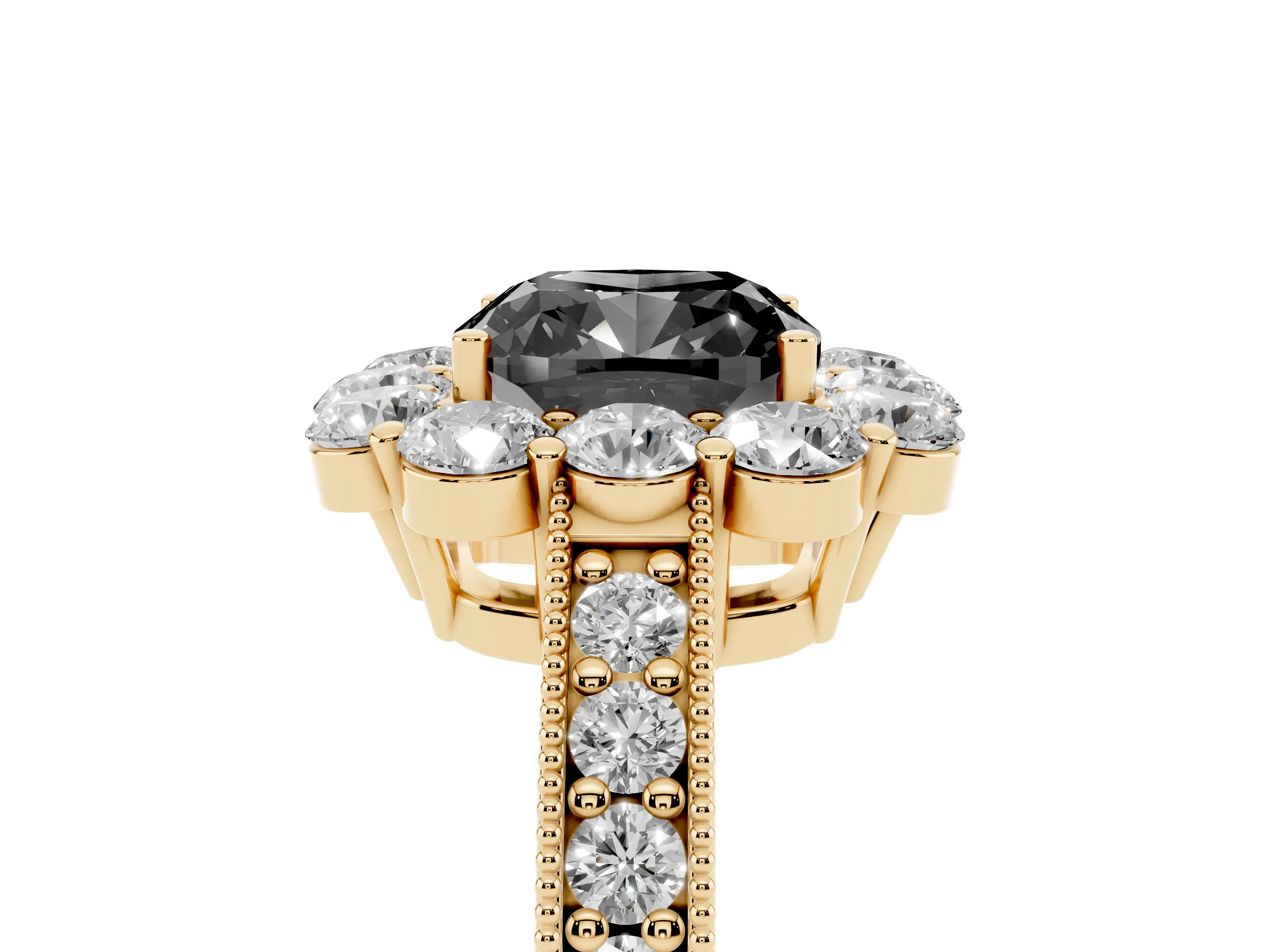 Fancy Black Cushion Cut Diamond Halo Pavé Engagement Ring Set in Yellow gold with Milgrain Detailing