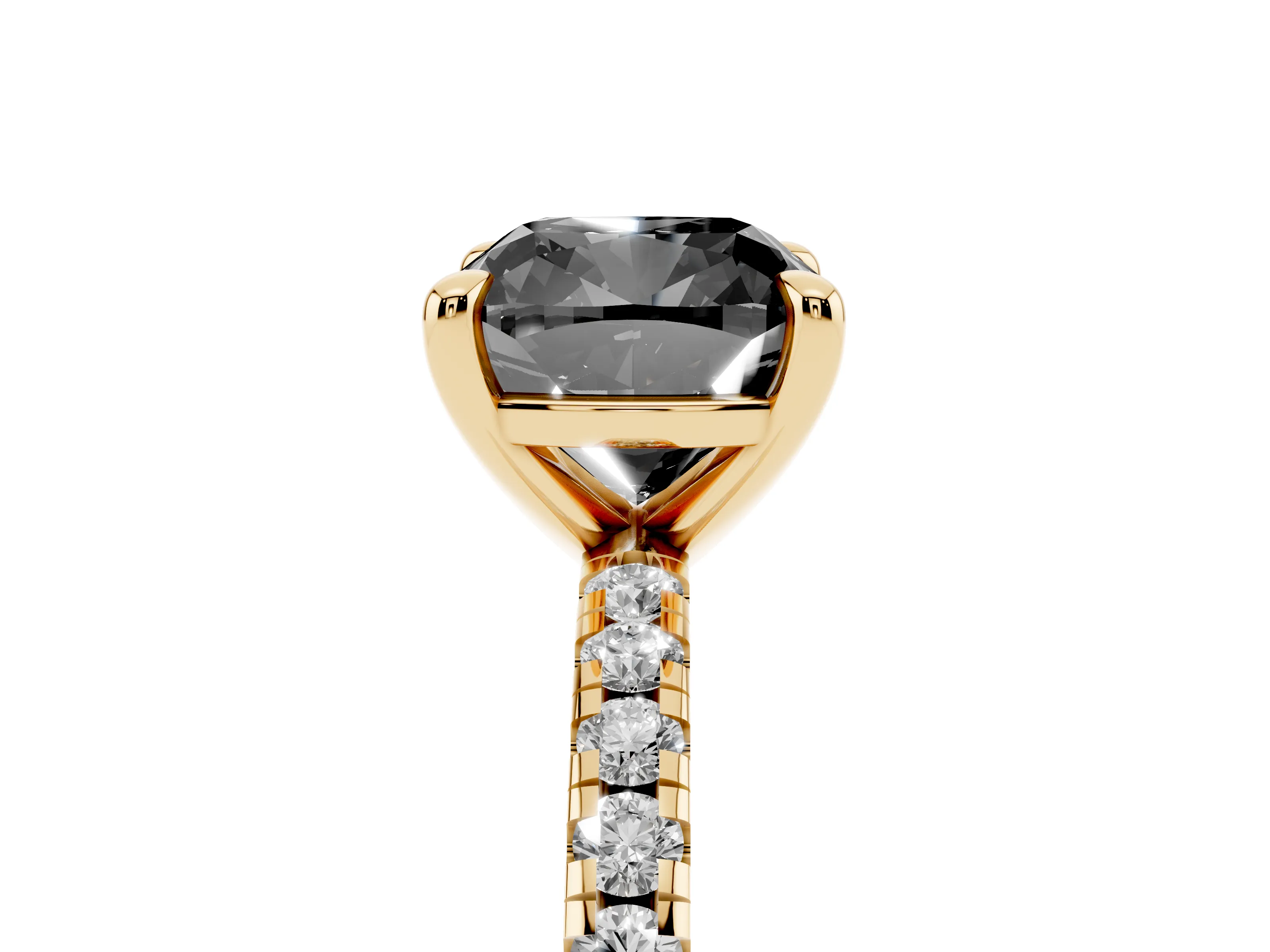 Fancy Black Cushion Cut Diamond Brilliant Solitaire Ring Set in Yellow gold with Pavé Band and Prong Setting