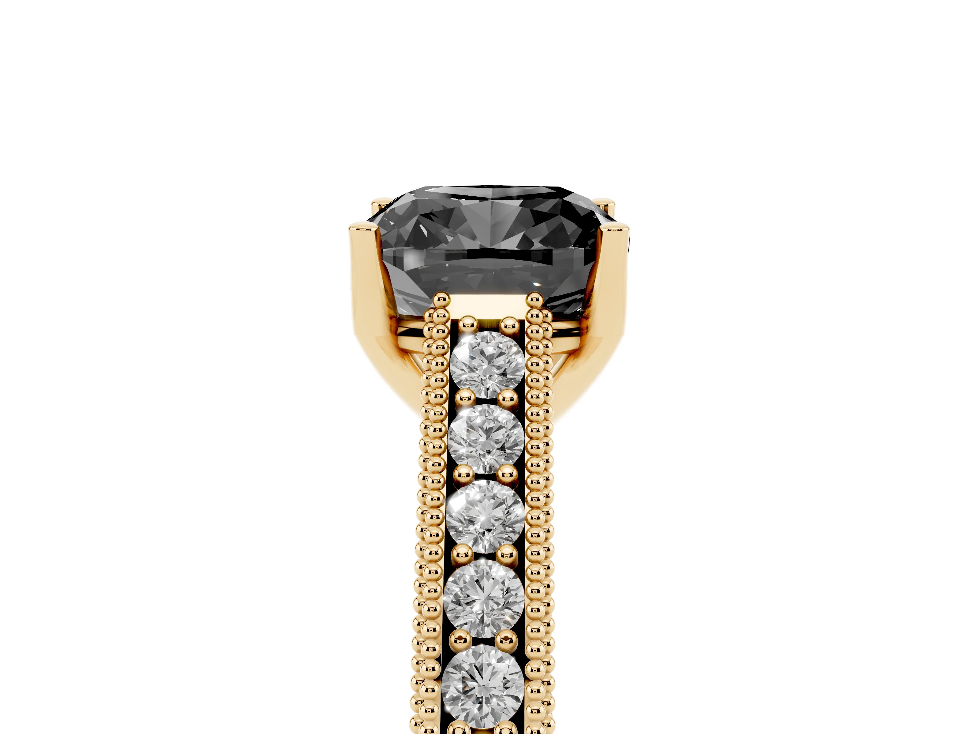 Fancy Black Cushion Cut Diamond Milgrain Pavé Band Solitaire Ring Set in Yellow gold with Prong Setting