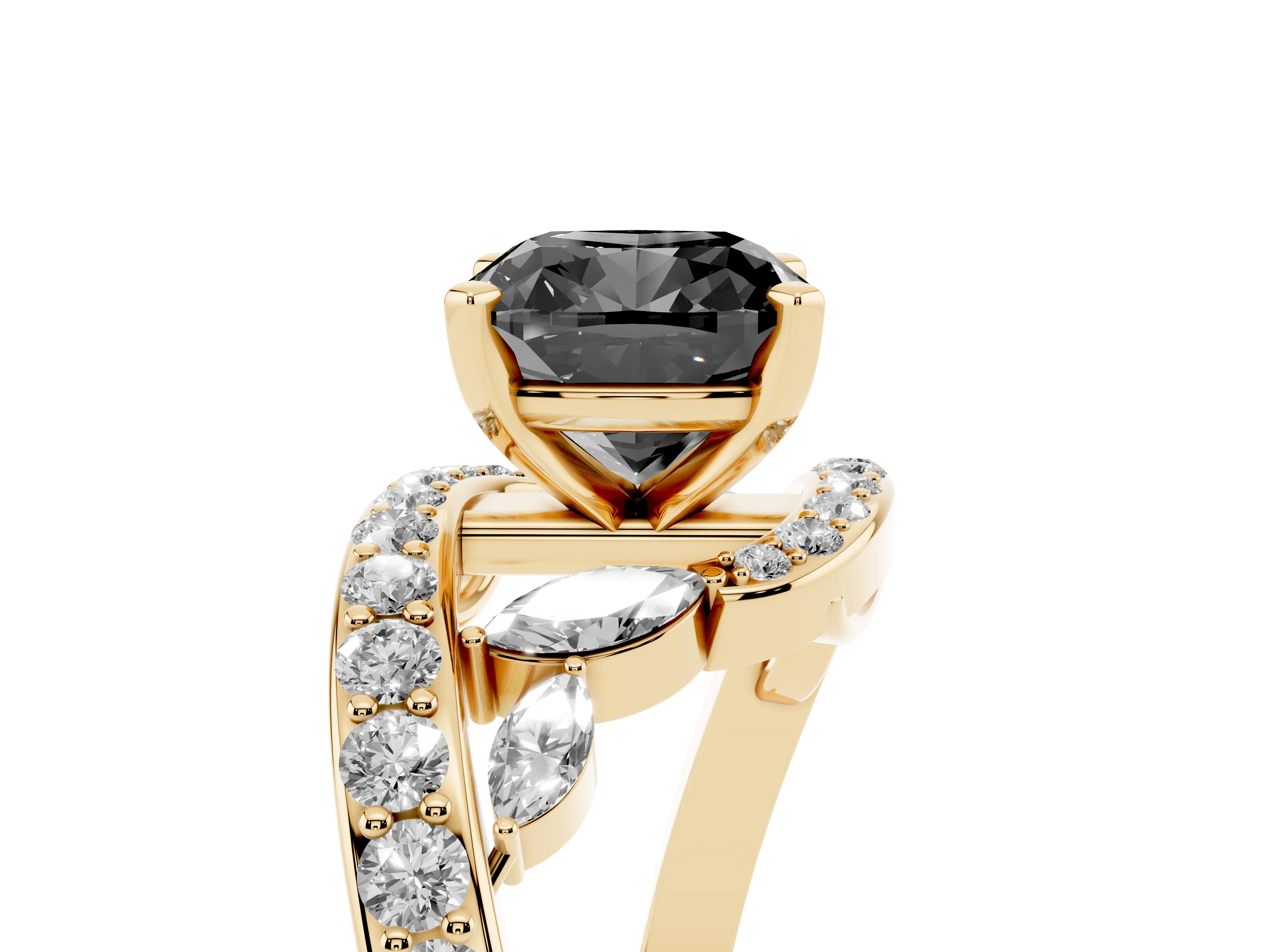 Fancy Black Cushion Cut Diamond Solitaire Ring Set in Yellow gold with Filigree Band and Prong Setting