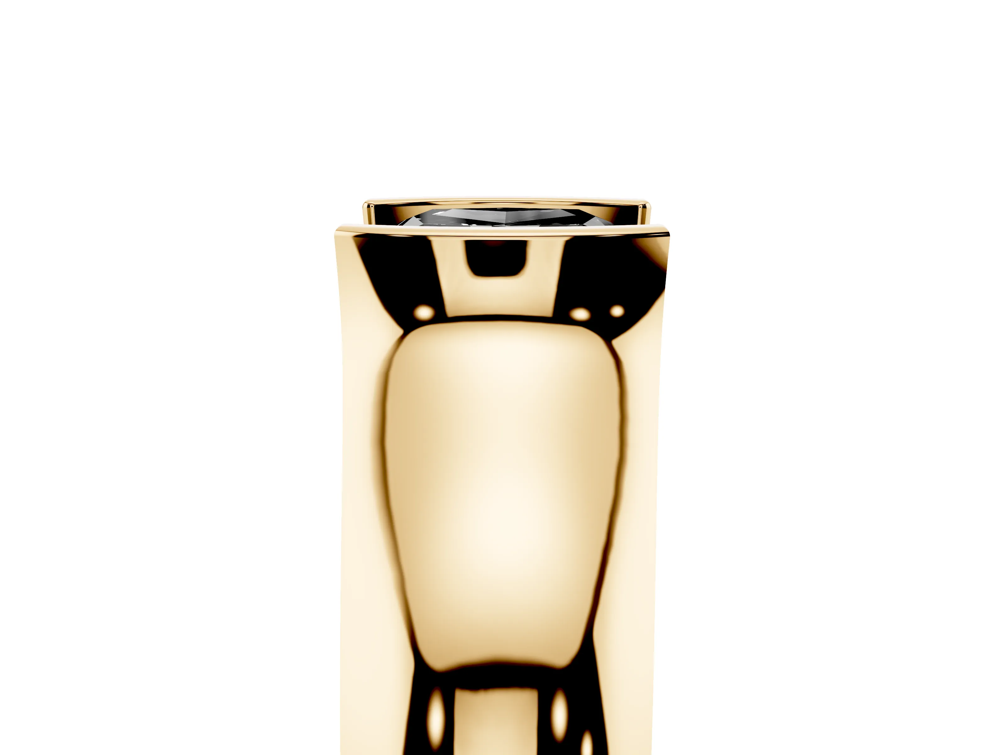 Fancy Black Cushion Cut Diamond Bezel Solitaire Ring Set in Yellow gold with Wide Band