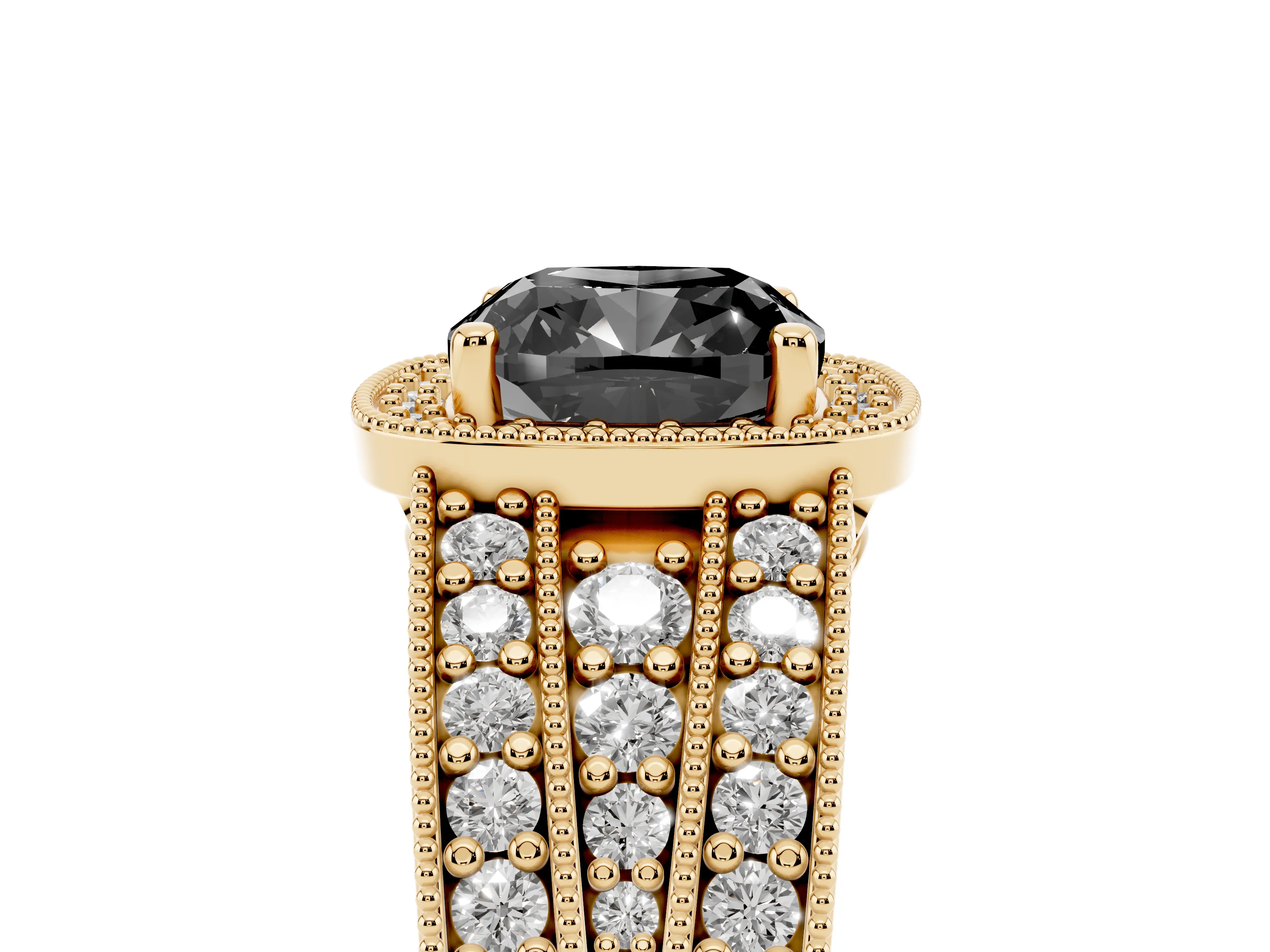 Fancy Black Cushion Cut Diamond Halo Ring Set in Yellow gold with Accent Split Shank and Prong Setting