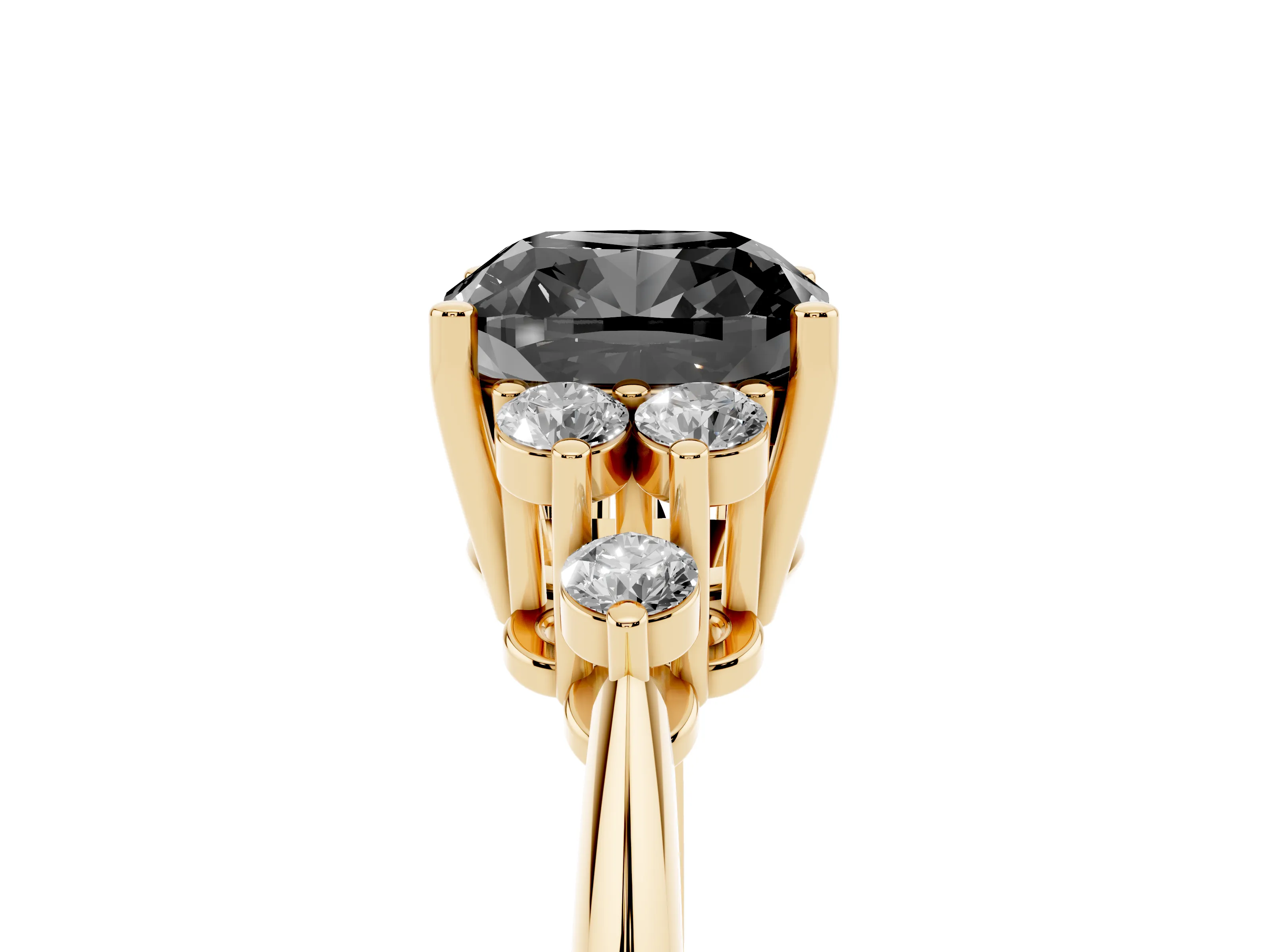 Fancy Black Cushion Cut Diamond Cluster Ring Set in Yellow gold with Plain Band and Prong Setting