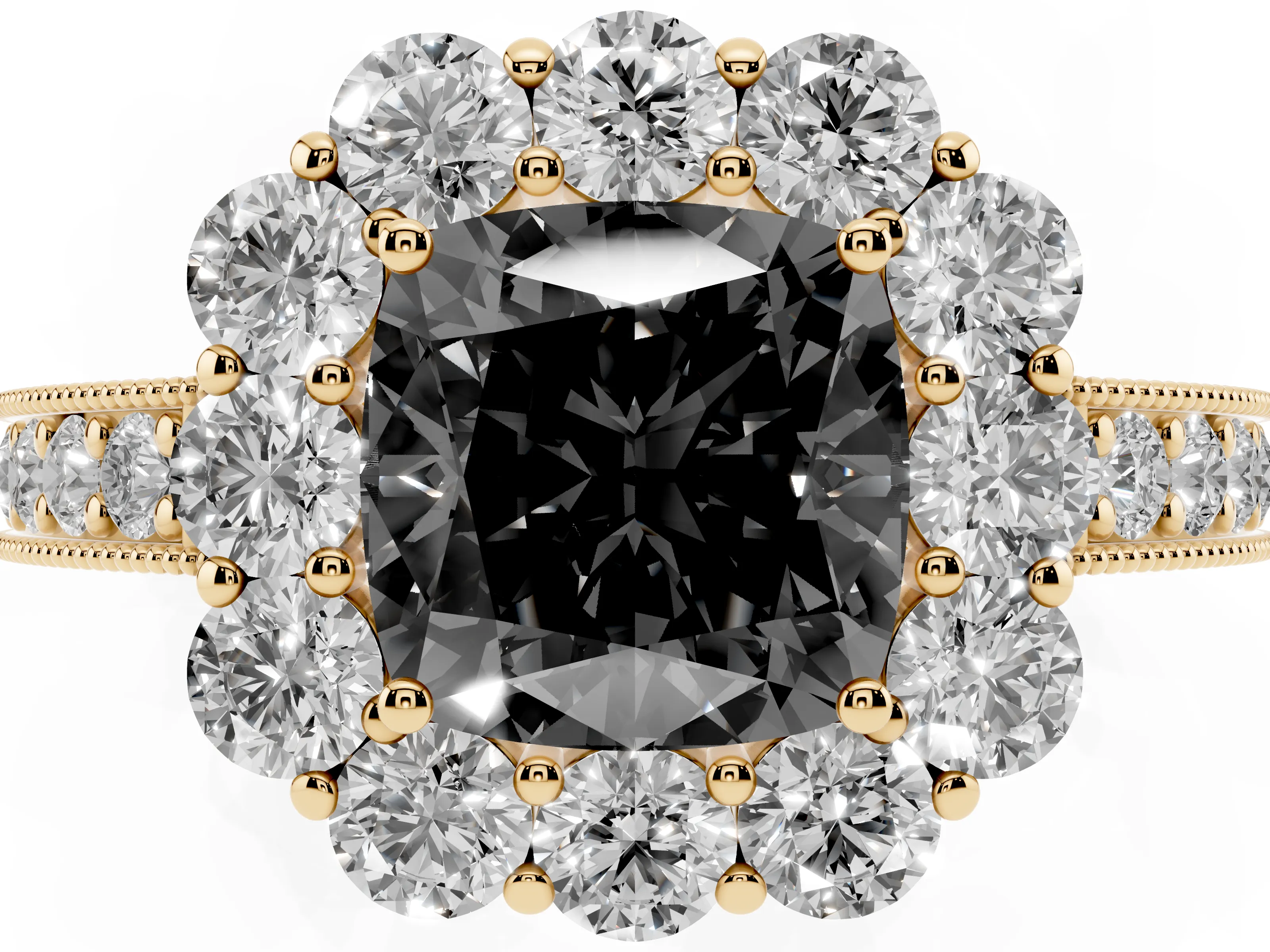 Fancy Black Cushion Cut Diamond Halo Pavé Engagement Ring Set in Yellow gold with Milgrain Detailing