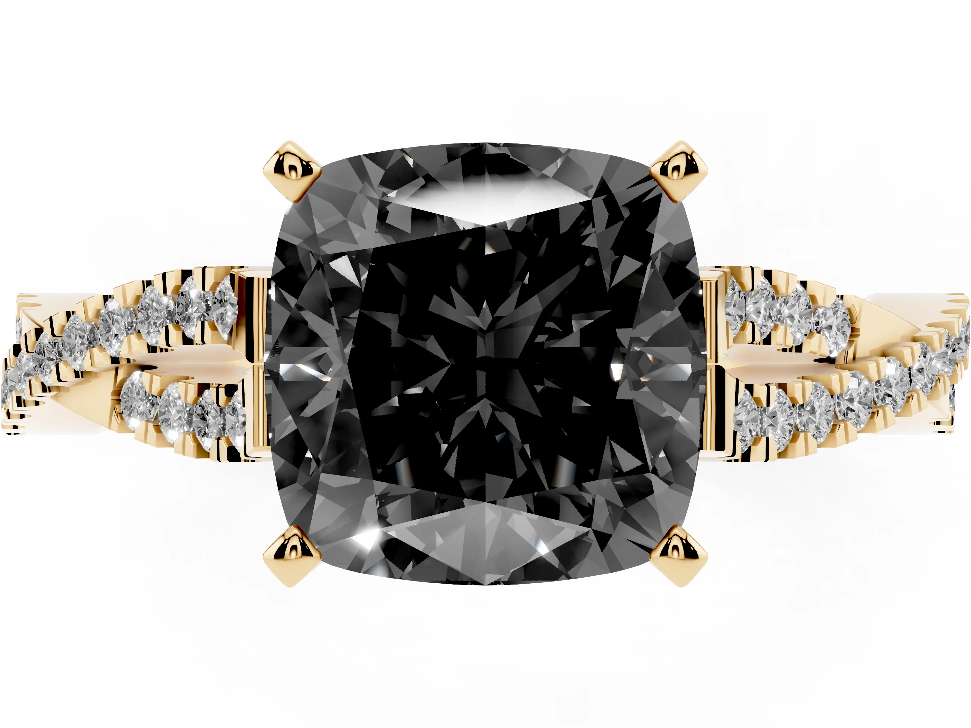 Fancy Black Cushion Cut Diamond Solitaire Engagement Ring Set in Yellow gold with Twisted Pavé Band and Prong Setting