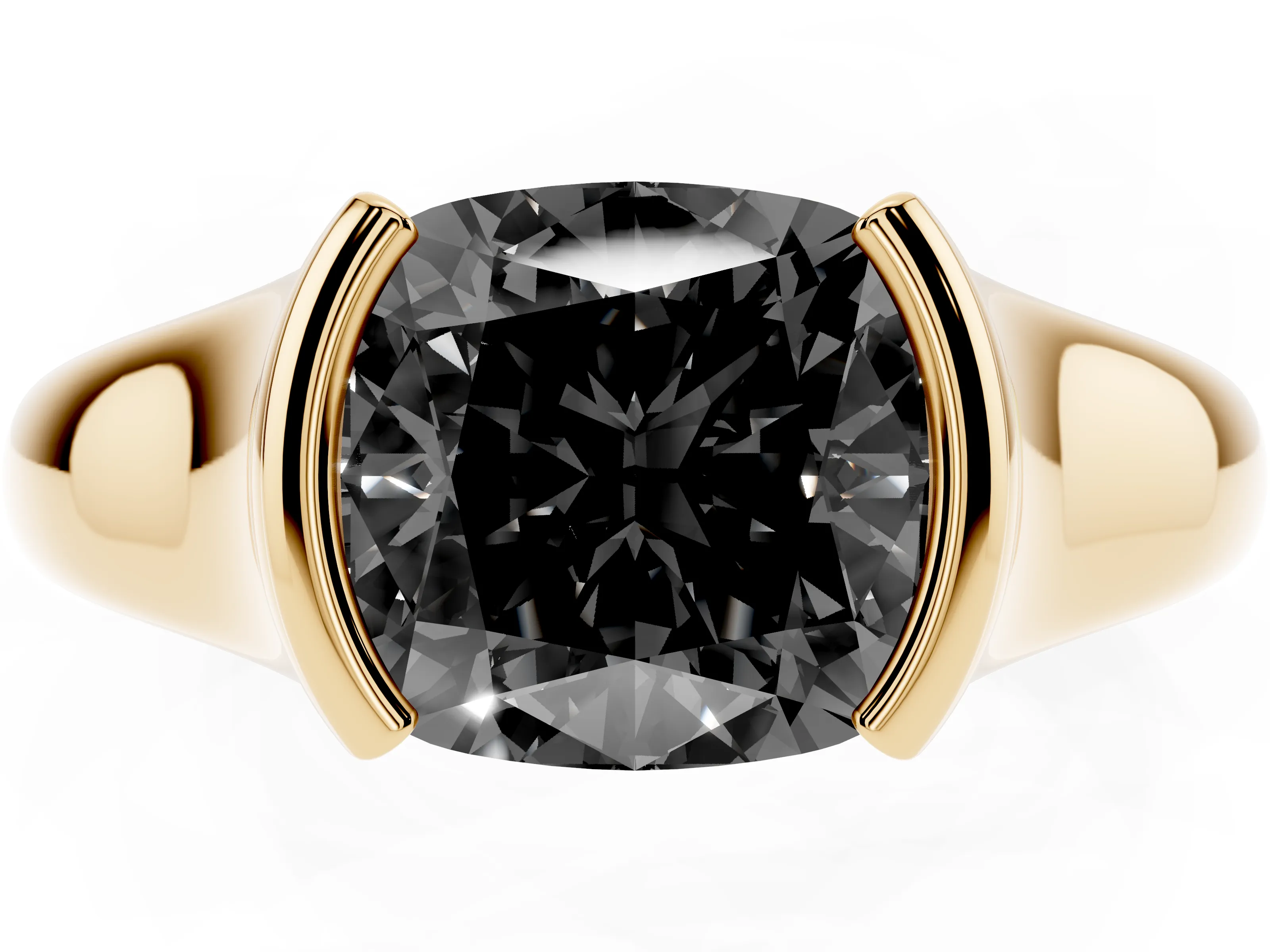 Fancy Black Cushion Cut Diamond Solitaire Tension Set Ring Set in Yellow gold with Split Shank Band