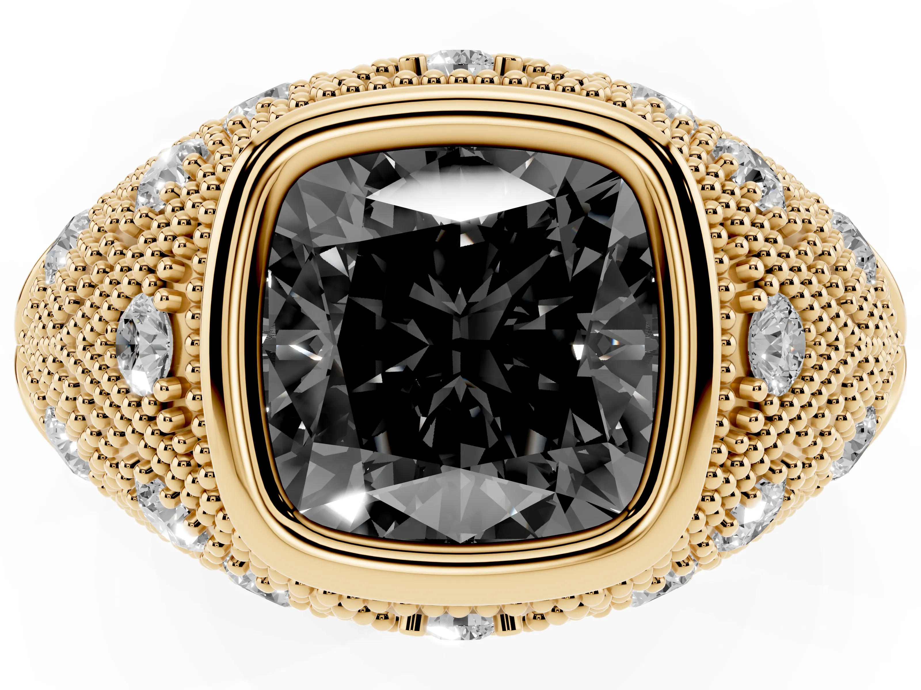 Fancy Black Cushion Cut Diamond Bezel Ring Set in Yellow gold with Milgrain Accent Band