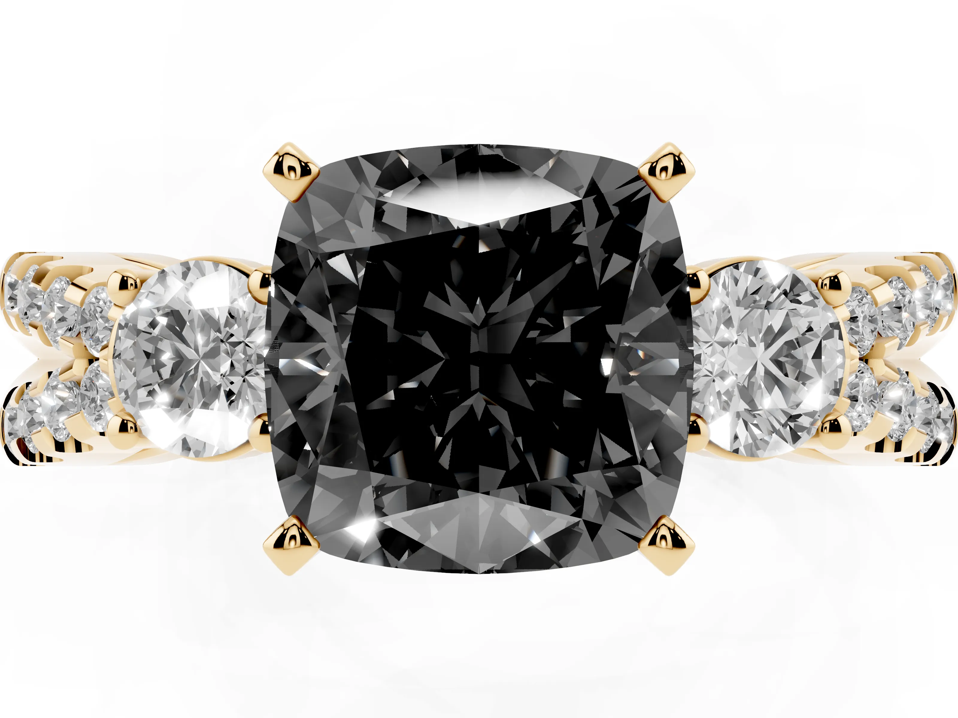 Fancy Black Cushion Cut Diamond Three-Stone Ring Set in Yellow gold with Pavé Split Shank and Prong Setting
