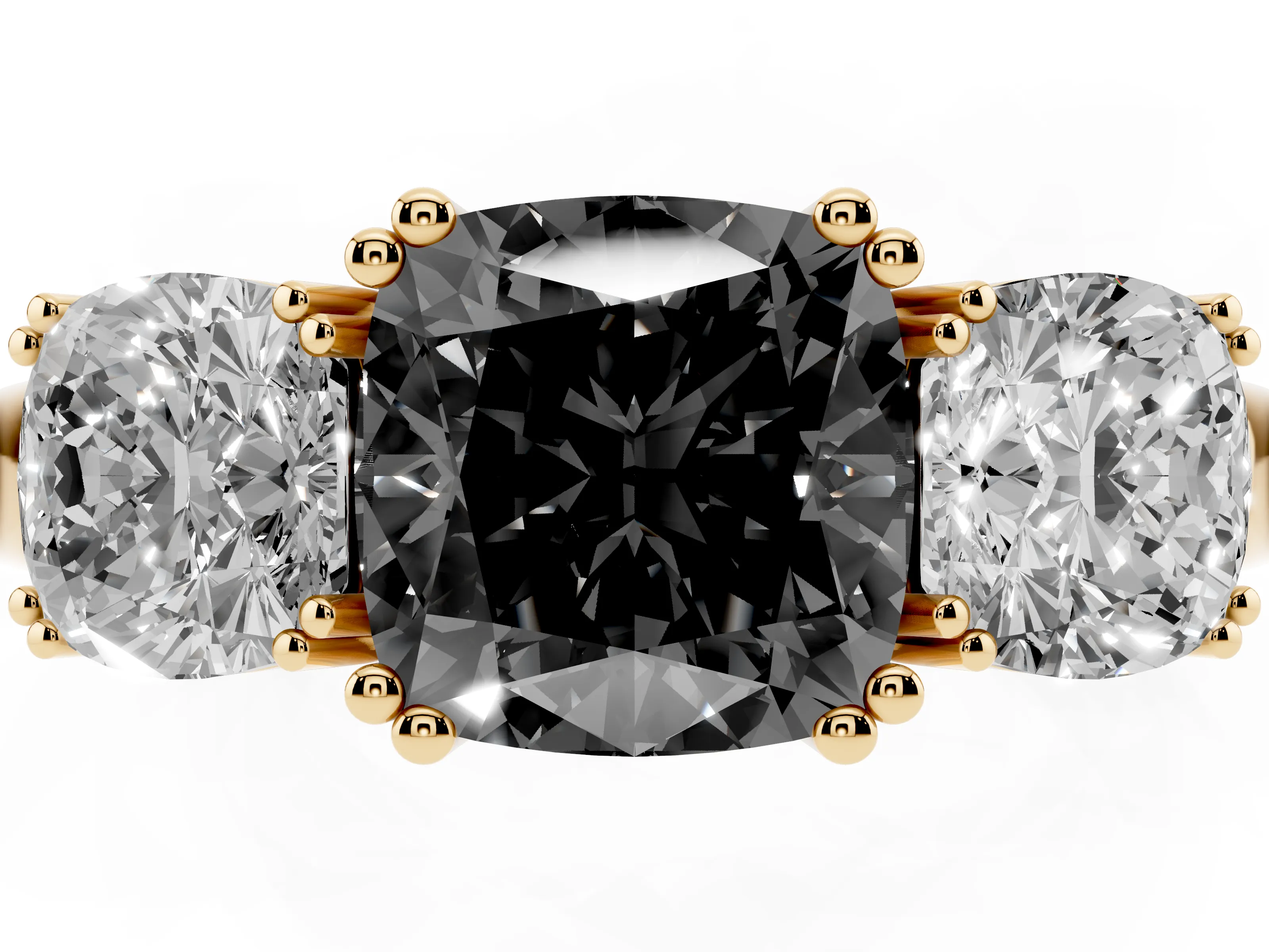 Fancy Black Cushion Cut Diamond Three-Stone Ring Set in Yellow gold with Polished Band and Prong Setting