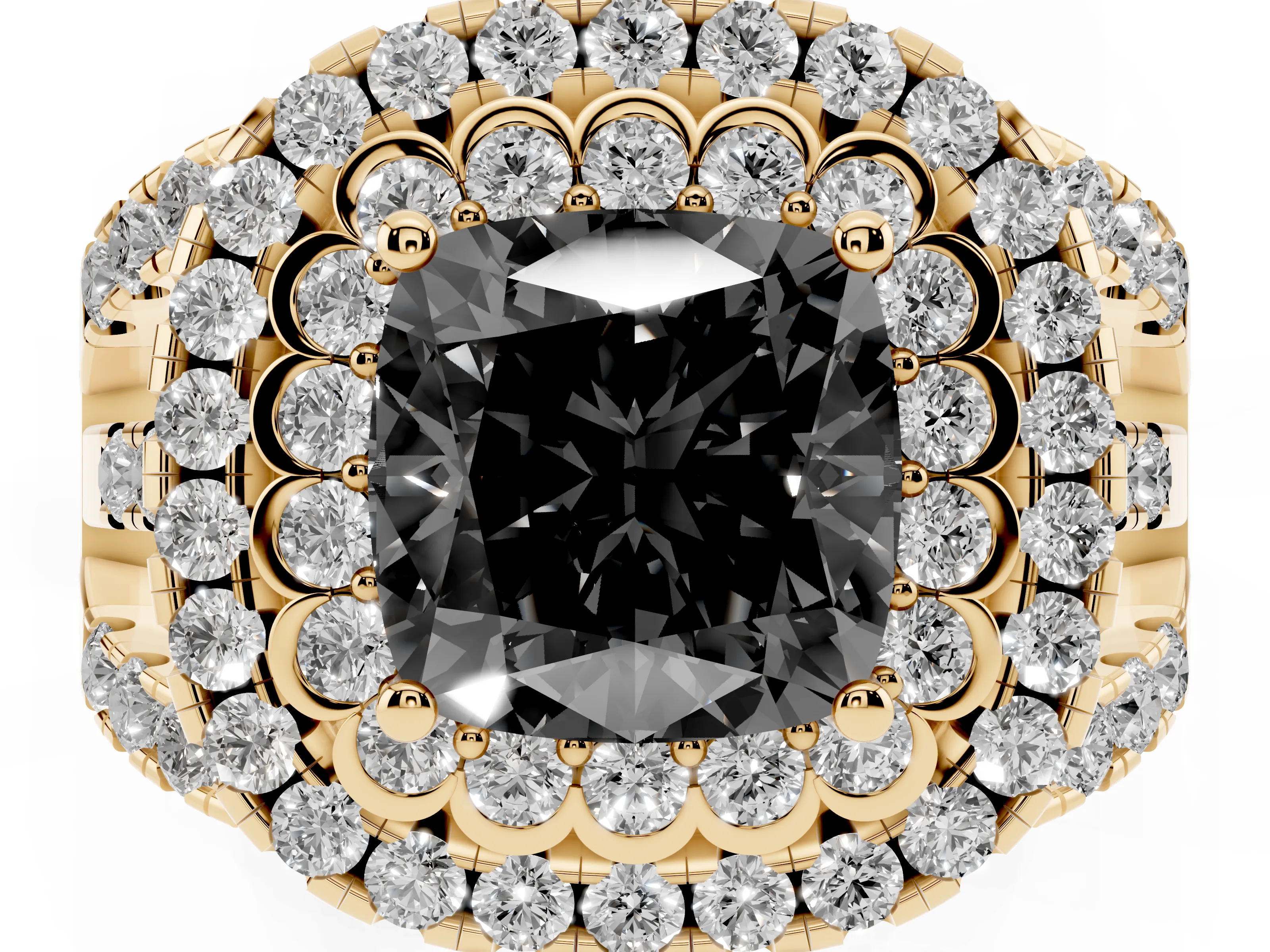Fancy Black Cushion Cut Diamond Double Halo Ring Set in Yellow gold with Round Pavé Split Shank