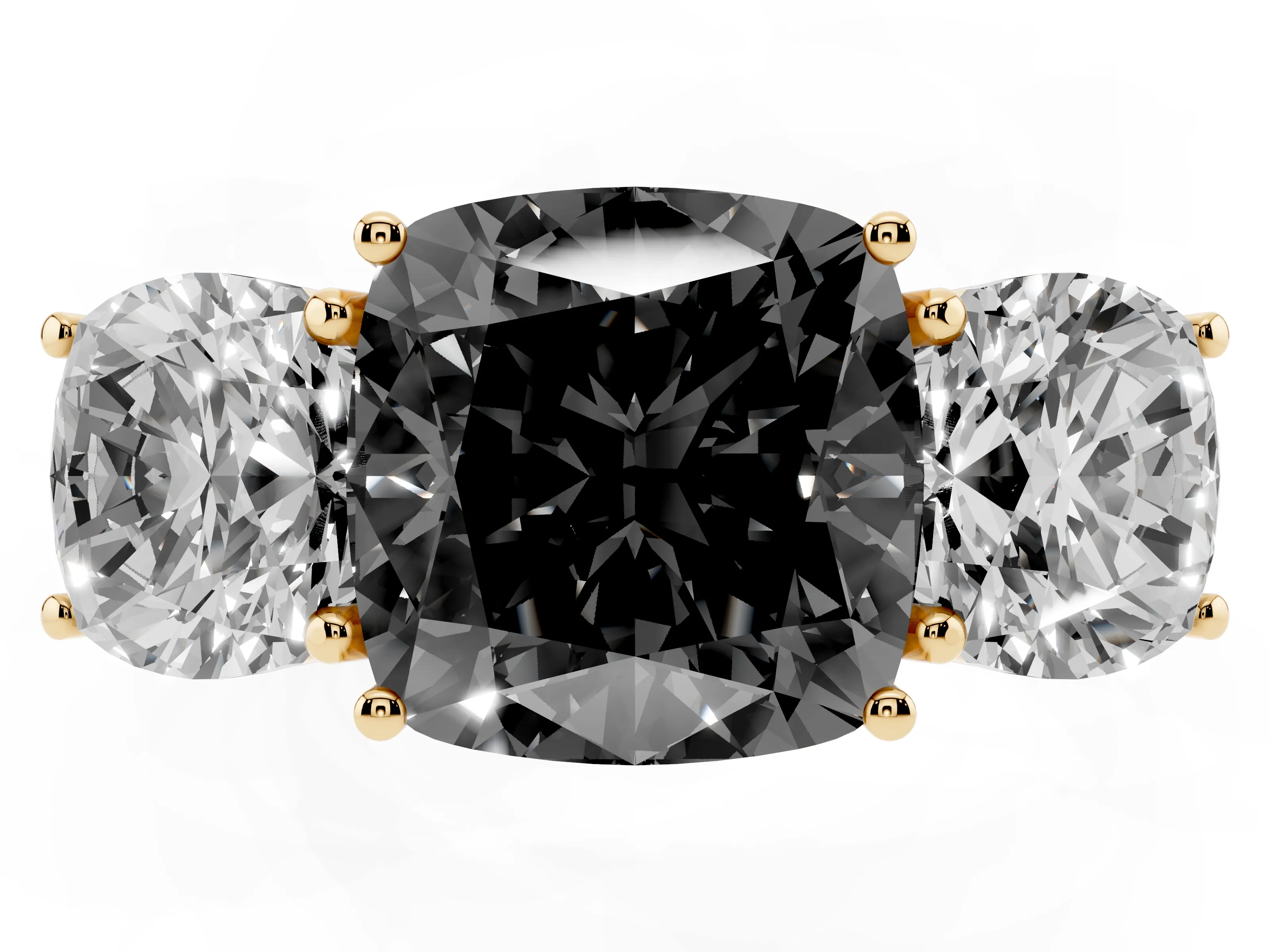 Fancy Black Cushion Cut Diamond Three-Stone Ring Set in Yellow gold with Braided Band