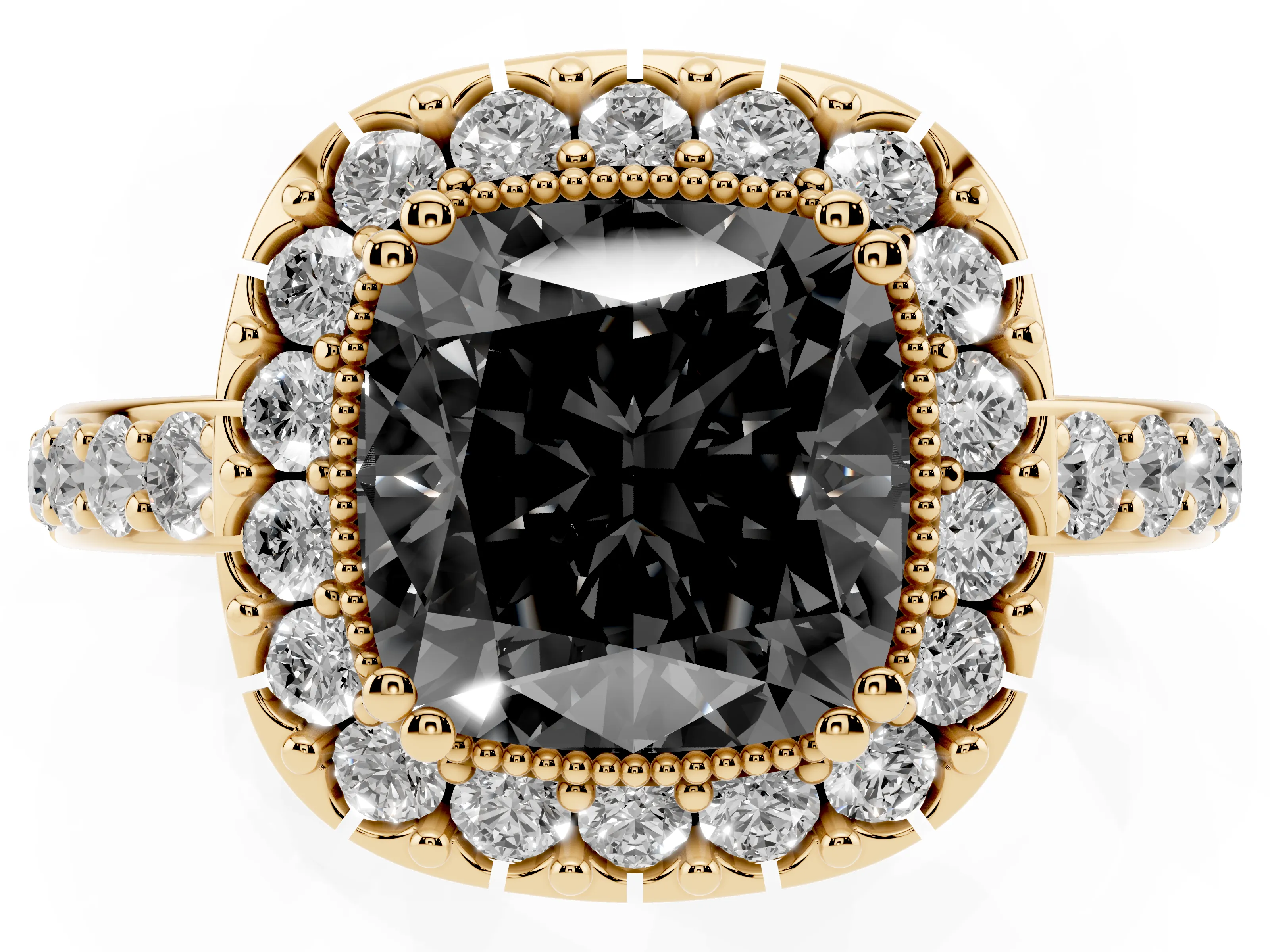 Fancy Black Cushion Cut Diamond Halo Ring Set in Yellow gold with Pavé Shank and Prong Setting
