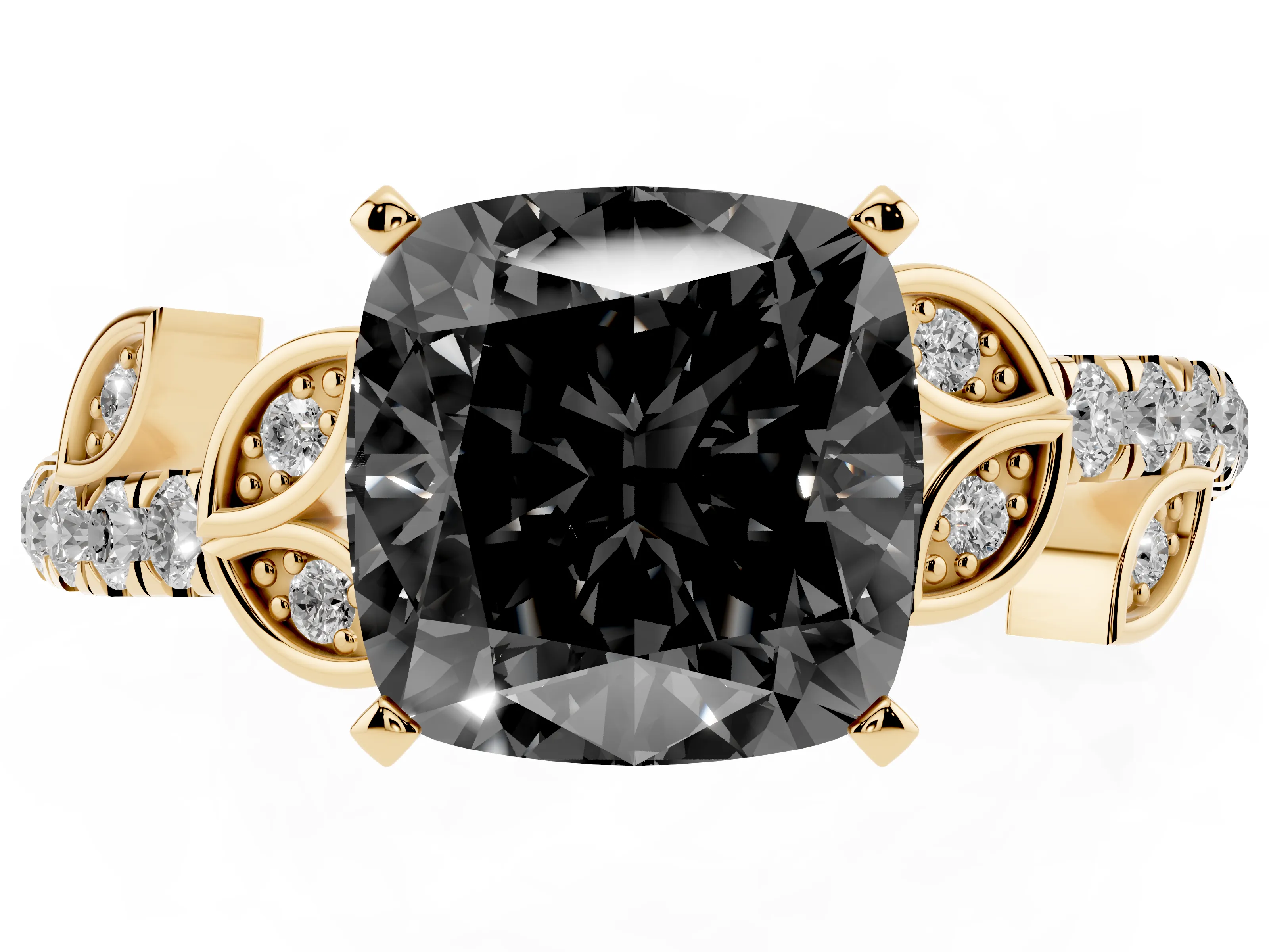 Fancy Black Cushion Cut Diamond Solitaire Leaf-Inspired Ring Set in Yellow gold with Pavé Band and Prong Setting