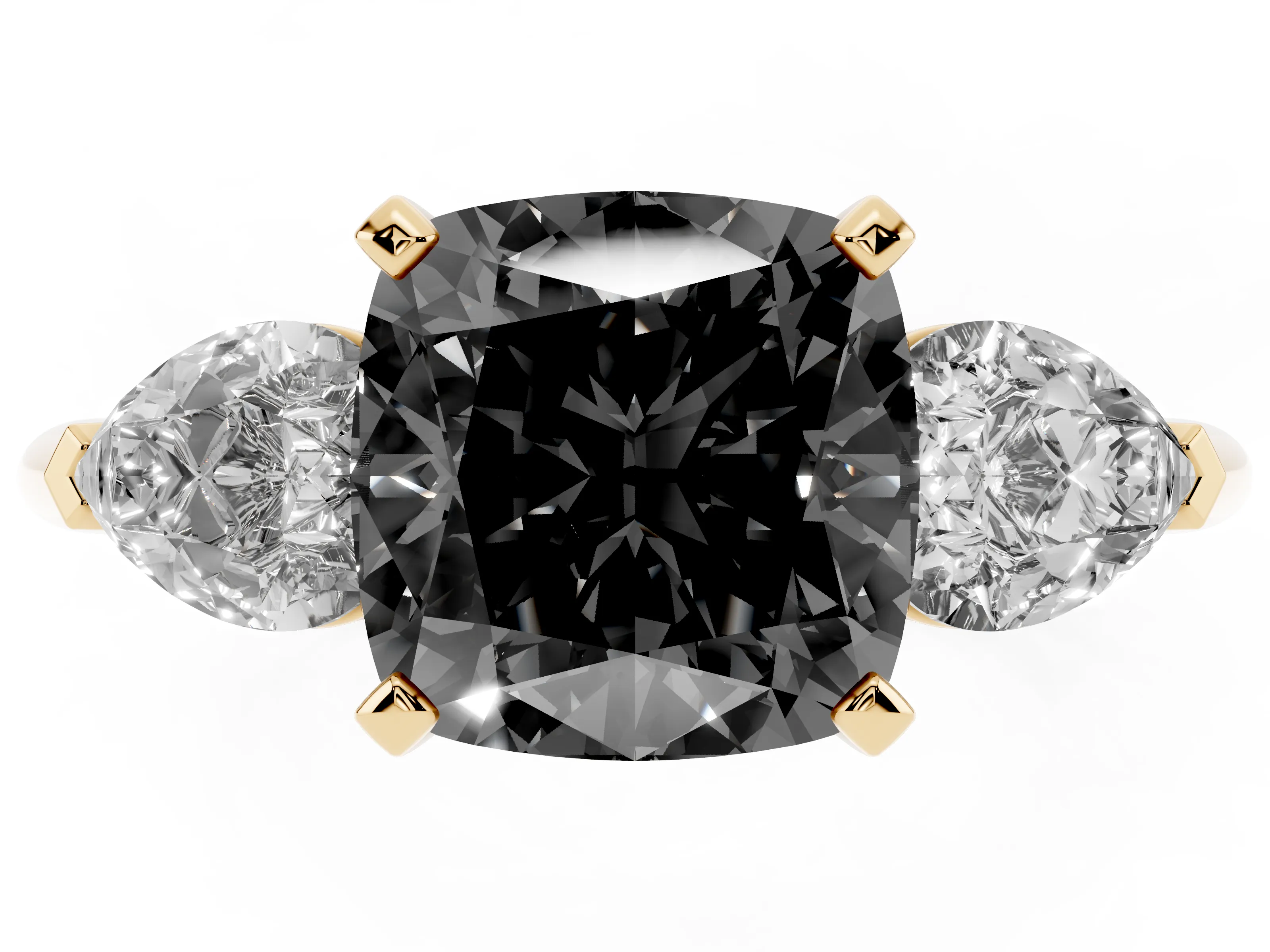 Fancy Black Three-Stone Cushion Cut Diamond Ring Set in Yellow gold with Pear Side Stones and Prong Setting