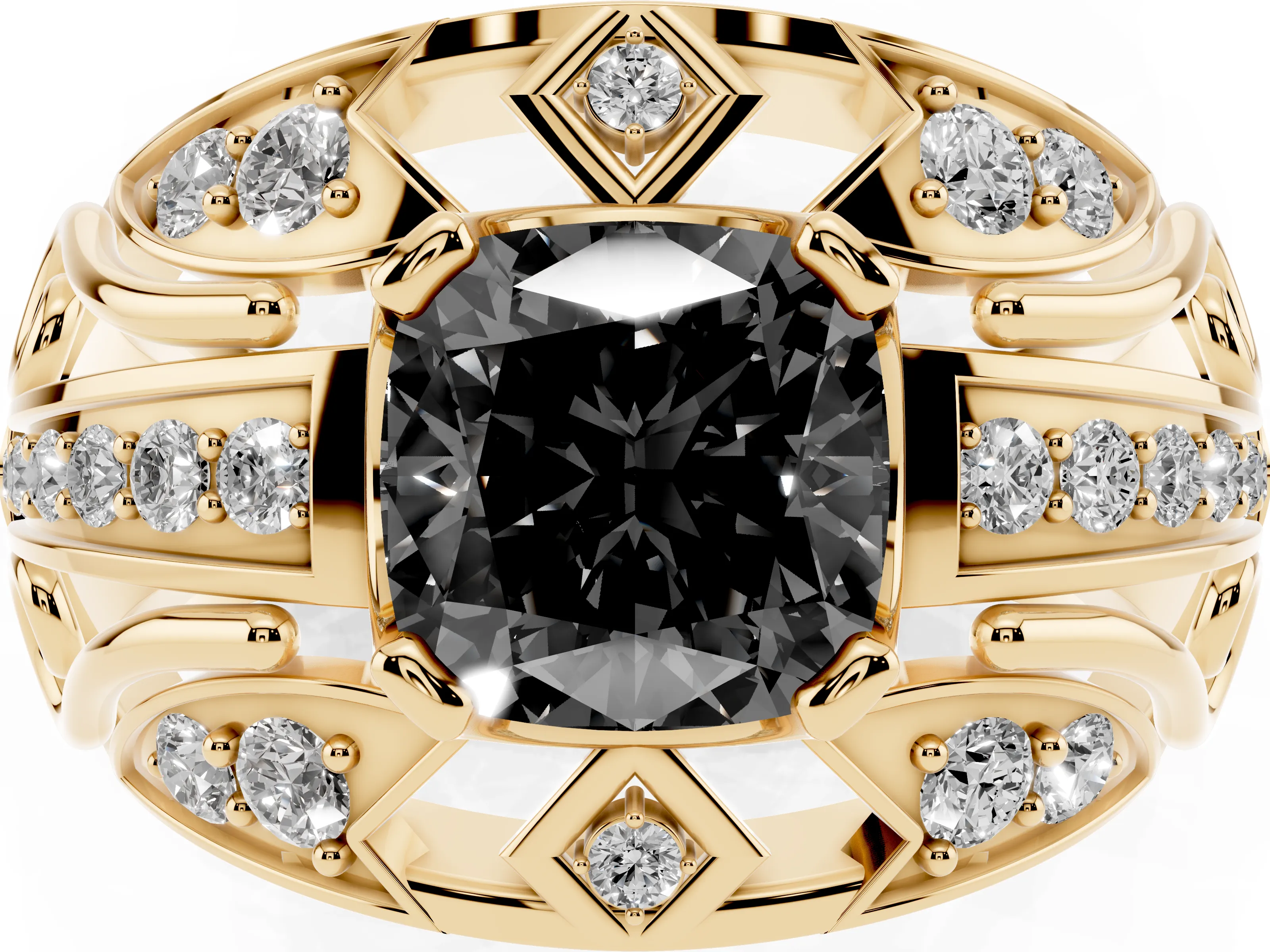 Fancy Black Cushion Cut Diamond Art Deco Ring Set in Yellow gold with Pavé Split Shank