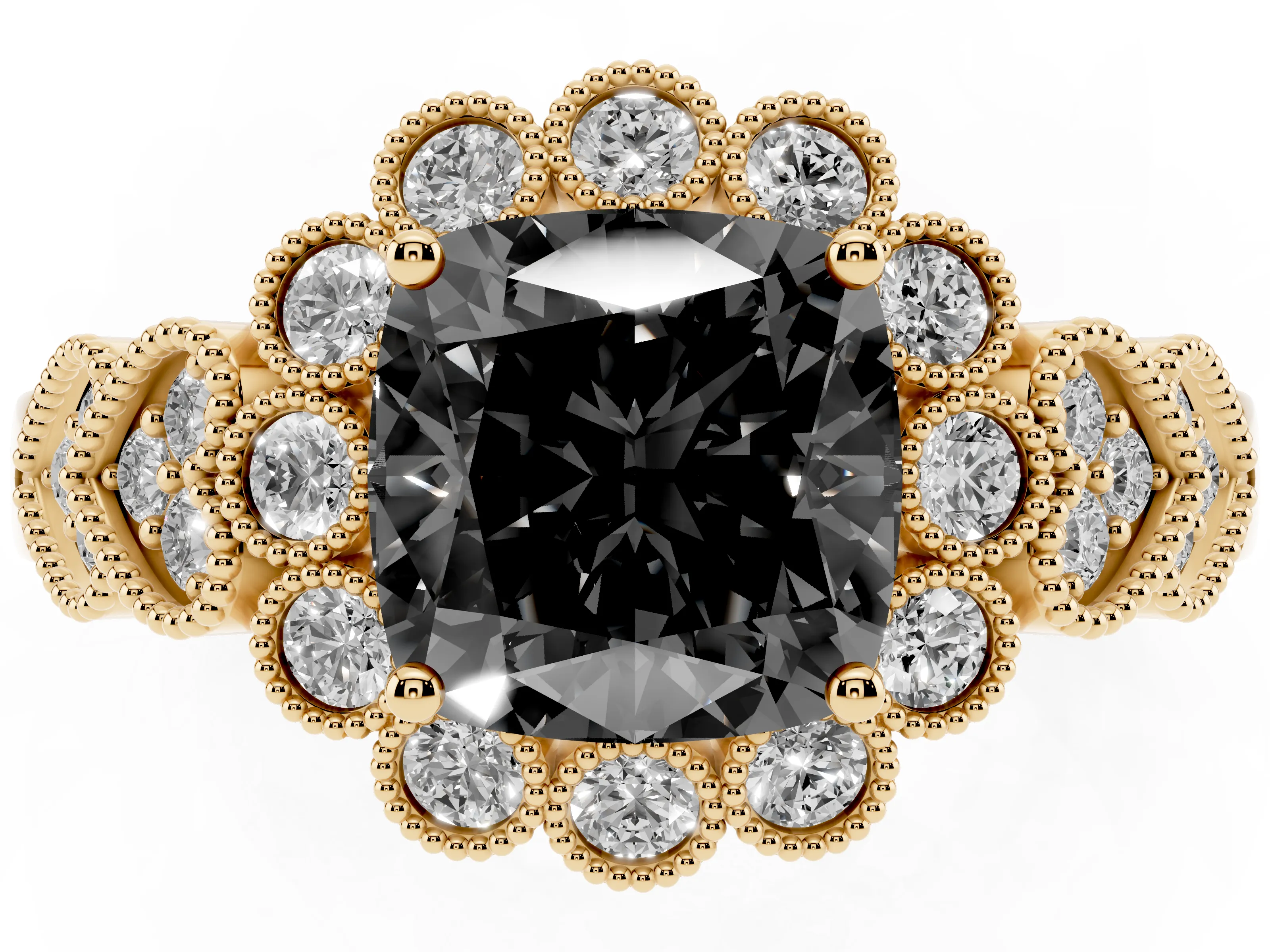 Fancy Black Cushion Cut Diamond Solitaire Ring Set in Yellow gold with Milgrain Pavé Heart Band