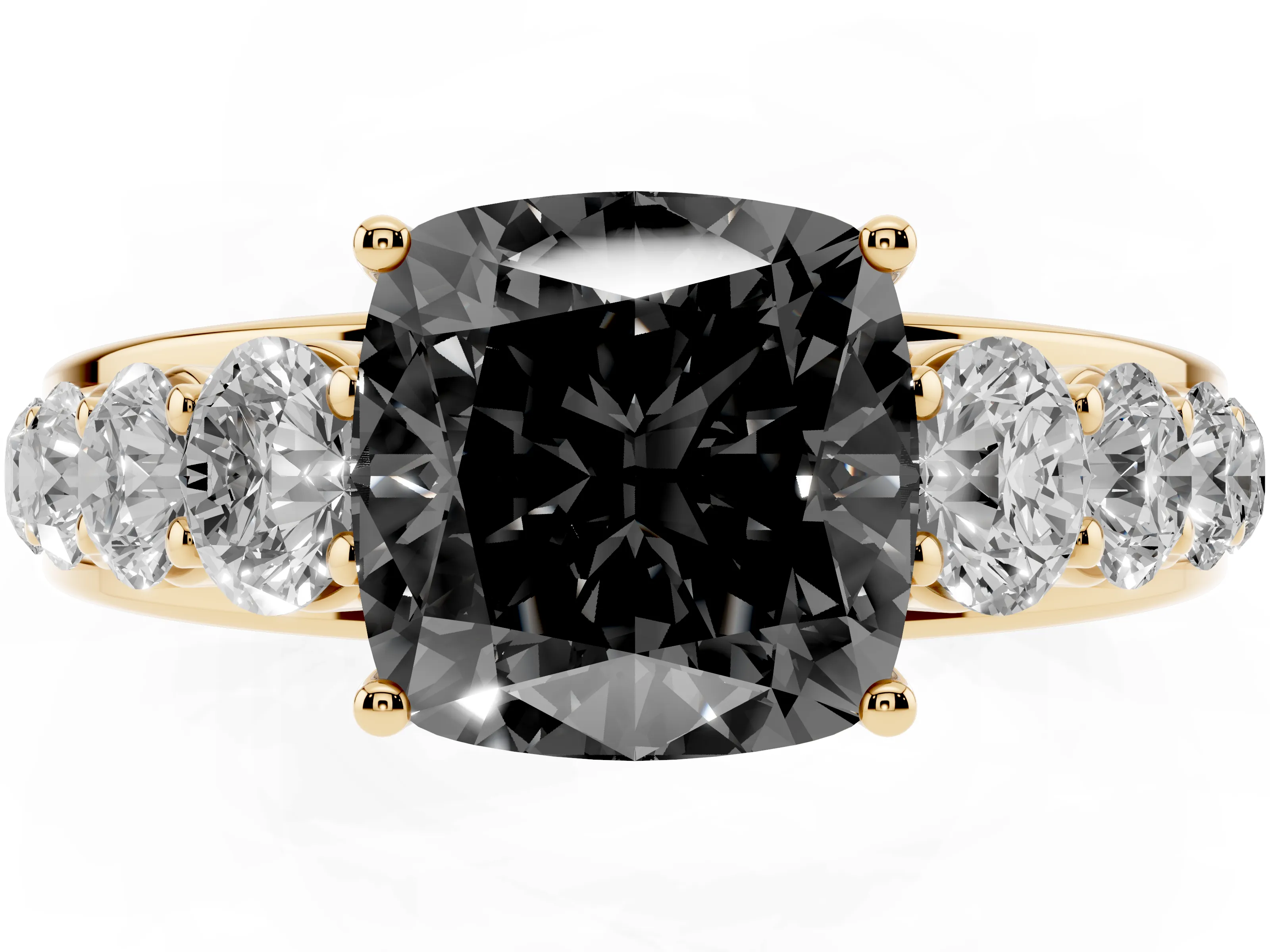 Fancy Black Cushion Cut Diamond Solitaire Ring Set in Yellow gold with Pavé-Set Band and Prong Setting